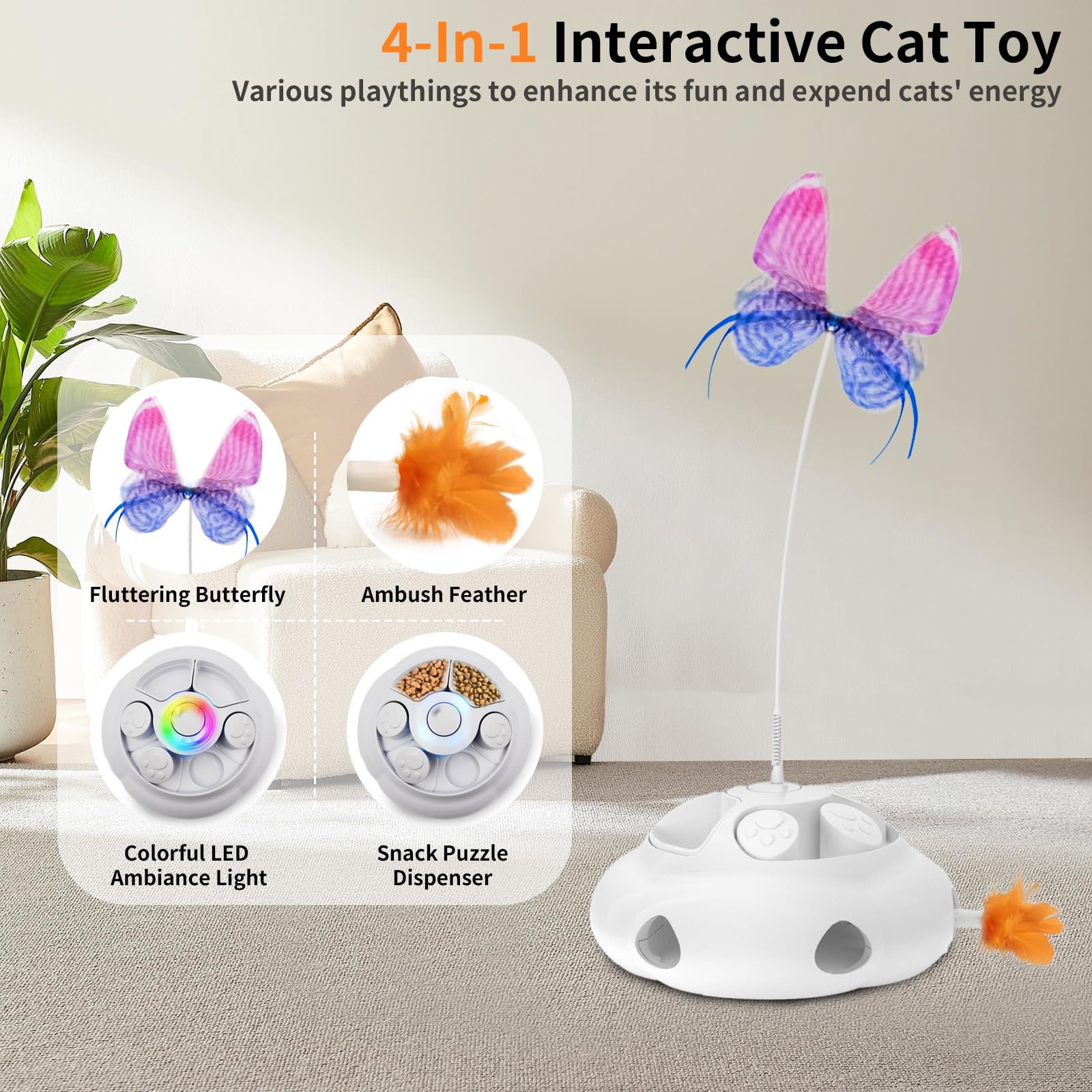 Interactive Cat Toys for Indoor Cats - 4-in-1 Rechargeable Cat Toy Set with Puzzle Feeder, Motorized Butterfly & Feather Wand | Engaging Play for Exercise & Mental Stimulation (White)