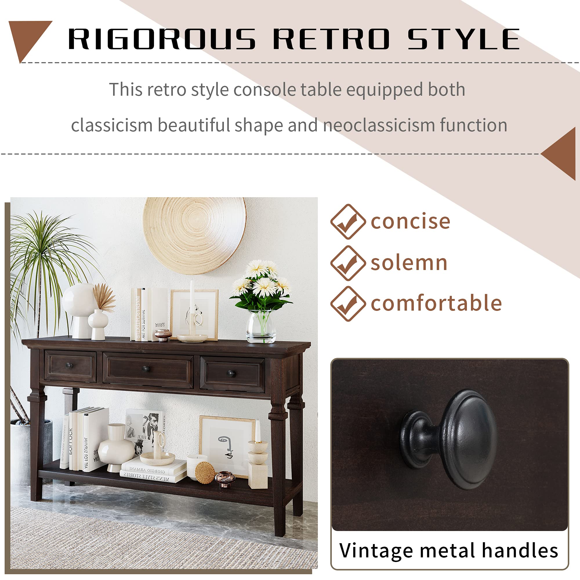Harper & Bright Designs Retro Espresso Console Table with 3 Drawers & Open Shelf - Classic Entryway Table for Living Room, Hallway, Bedroom - Perfect for Home Decor & Small Space Storage