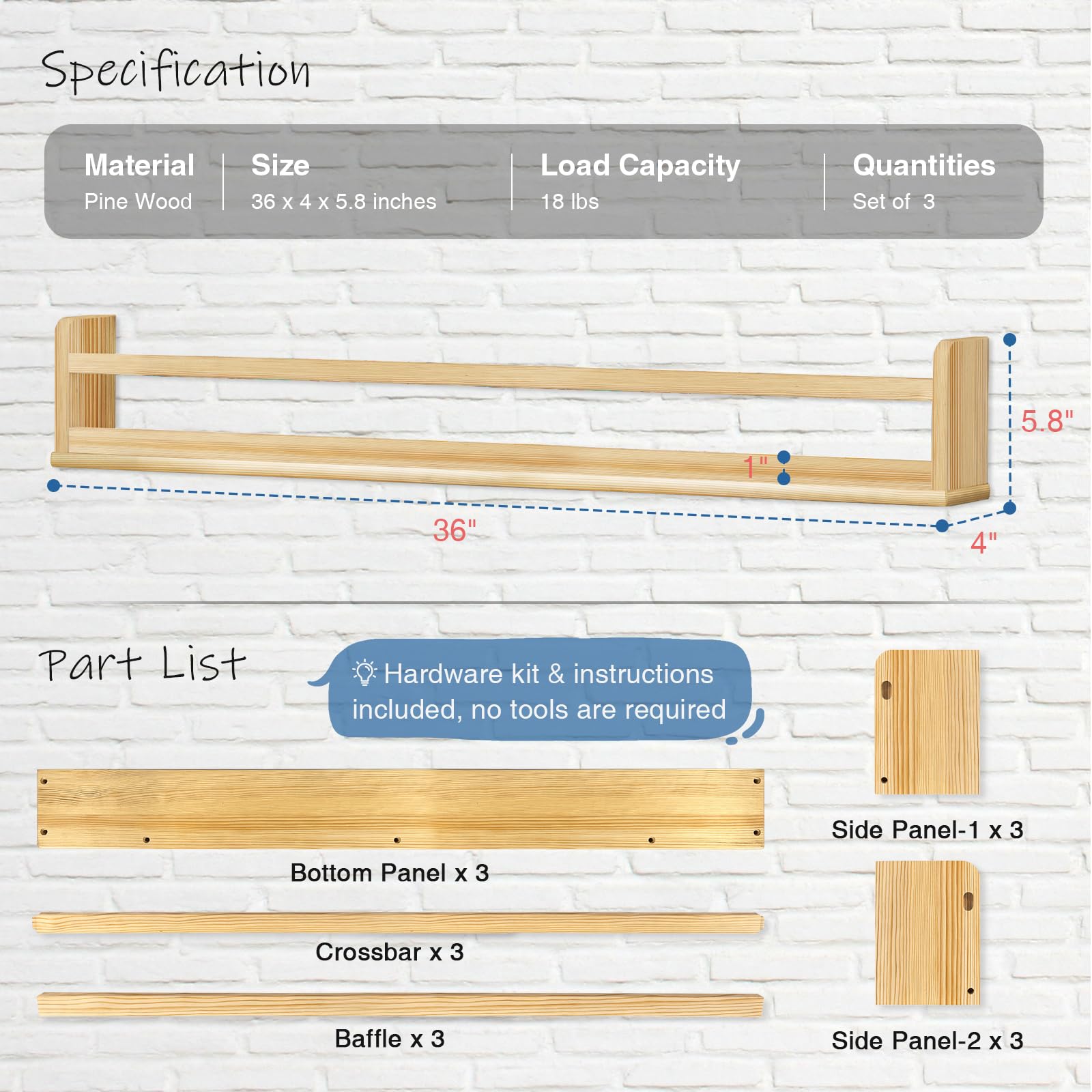 Upgraded 36 Inch Wooden Wall Bookshelf for Kids - 3-Pack Natural Floating Shelves for Nursery, Bedroom & Living Room Decor - Perfect for Organizing Books, Toys & Displaying Decorations
