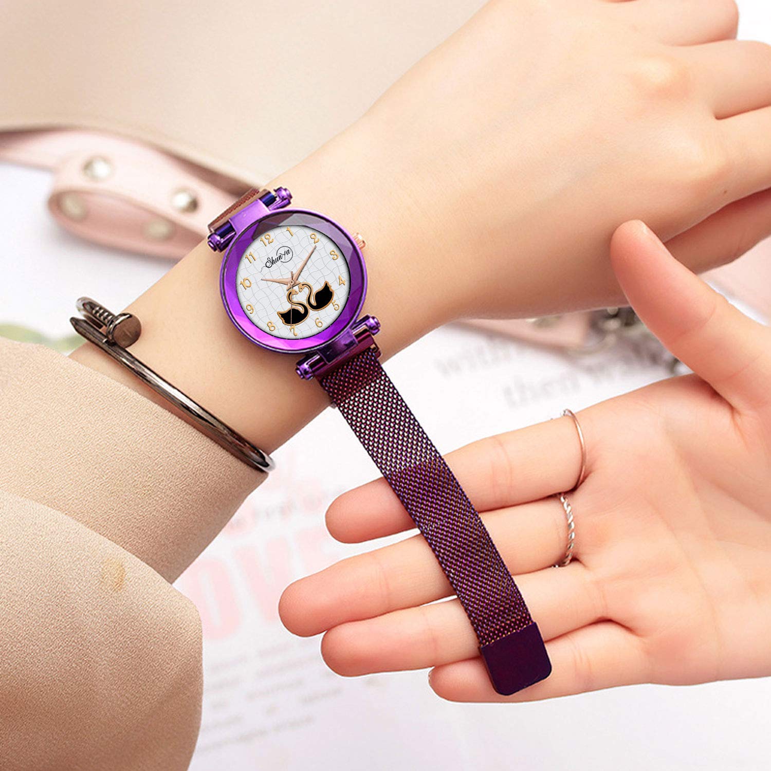 Shunya Luxury Purple Duck Dial Analog Wrist Watch for Women & Girls - Elegant Magnet Design, Perfect for Office, Party & Daily Wear