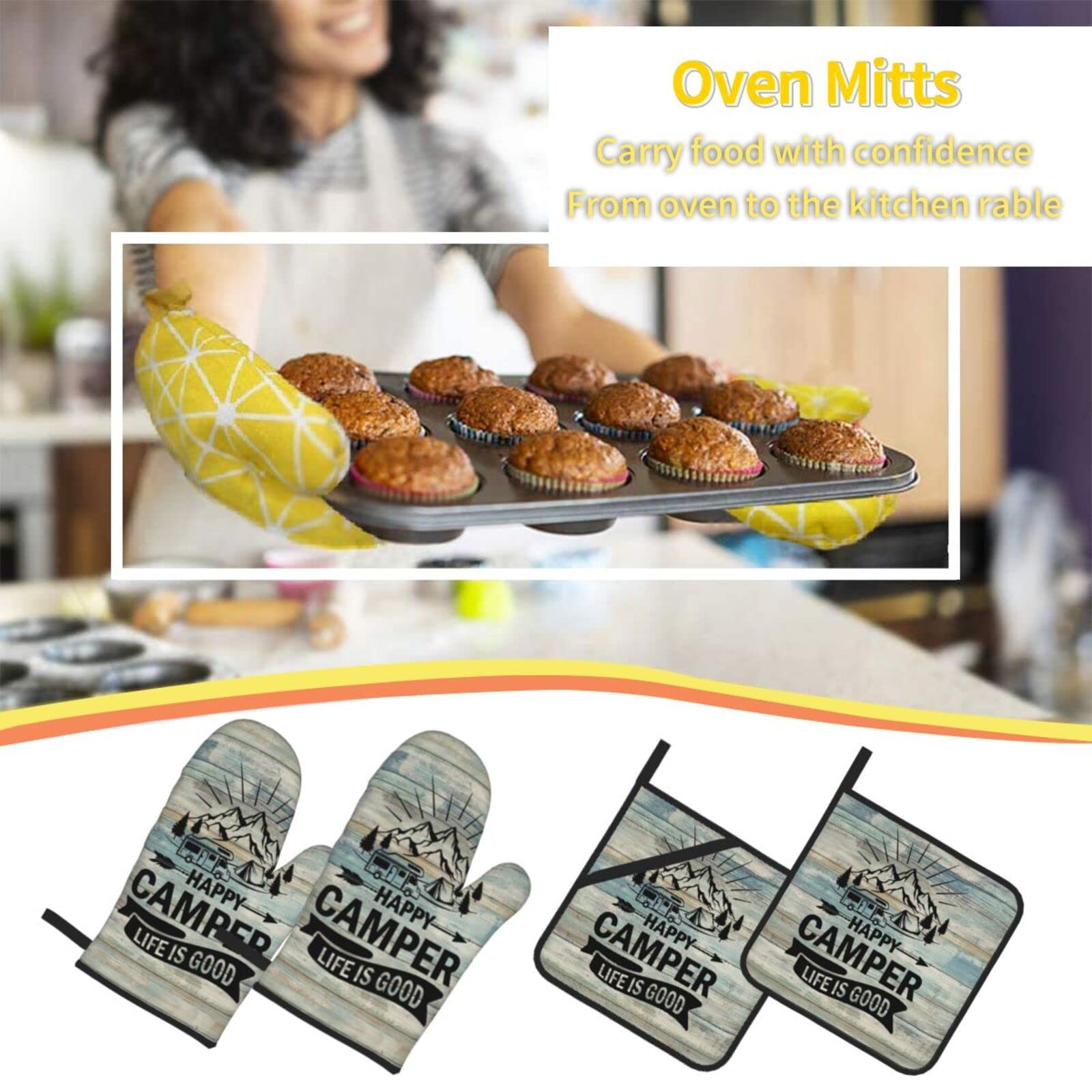 Happy Camper Oven Mitts and Pot Holders Set of 4 - Heat Resistant Kitchen Gloves with Non-Slip Grip for Baking, Cooking, Grilling & BBQ - Perfect for Home Kitchen, Outdoor Camping & Picnic Use