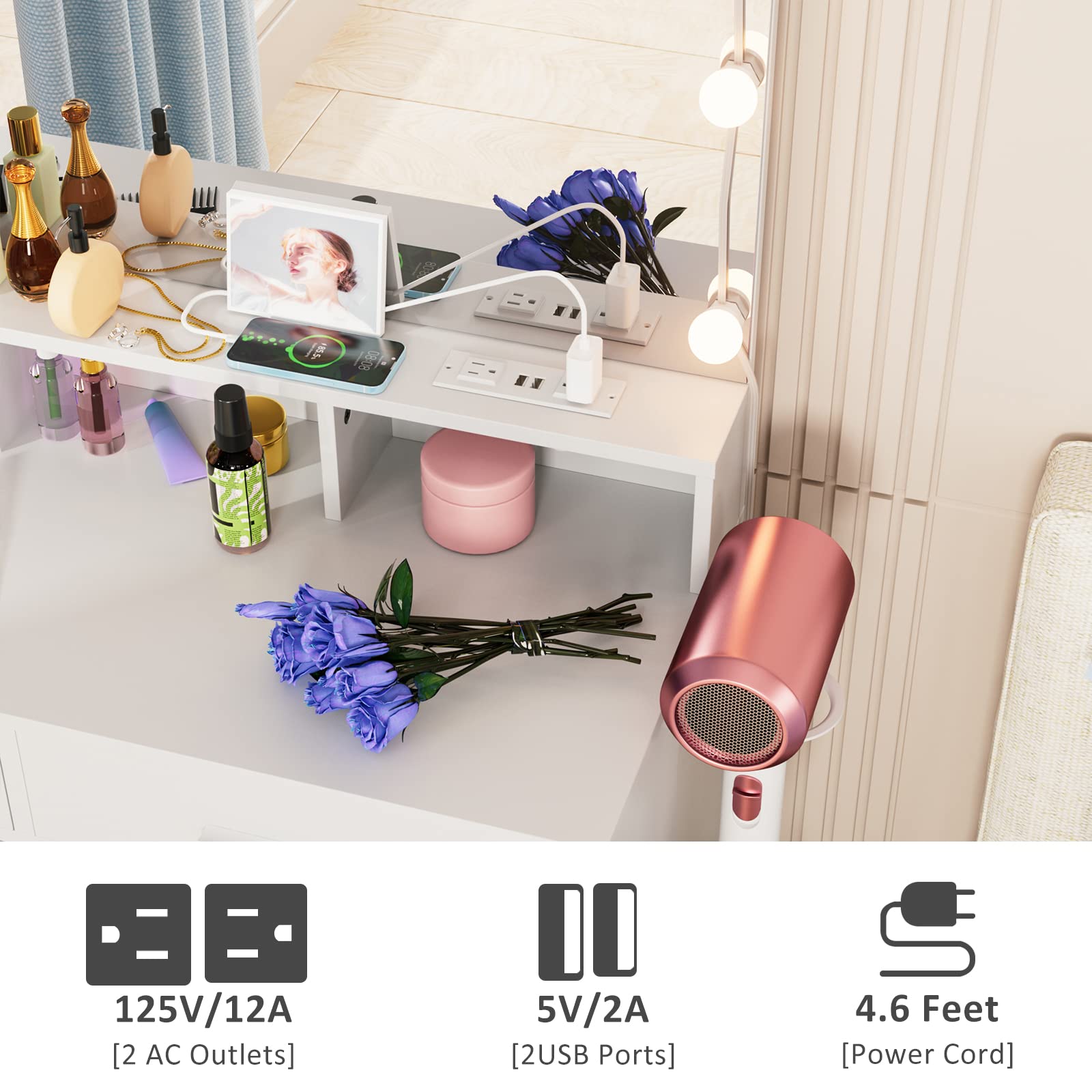 Vabches Makeup Vanity with LED Lighted Mirror & USB Outlet Charging Station - White Vanity Table with 3 Color Lighting Modes & Adjustable Brightness, 31.5 Inch Wide - Perfect for Bedroom, Dressing Room & Home Salon Makeup Application