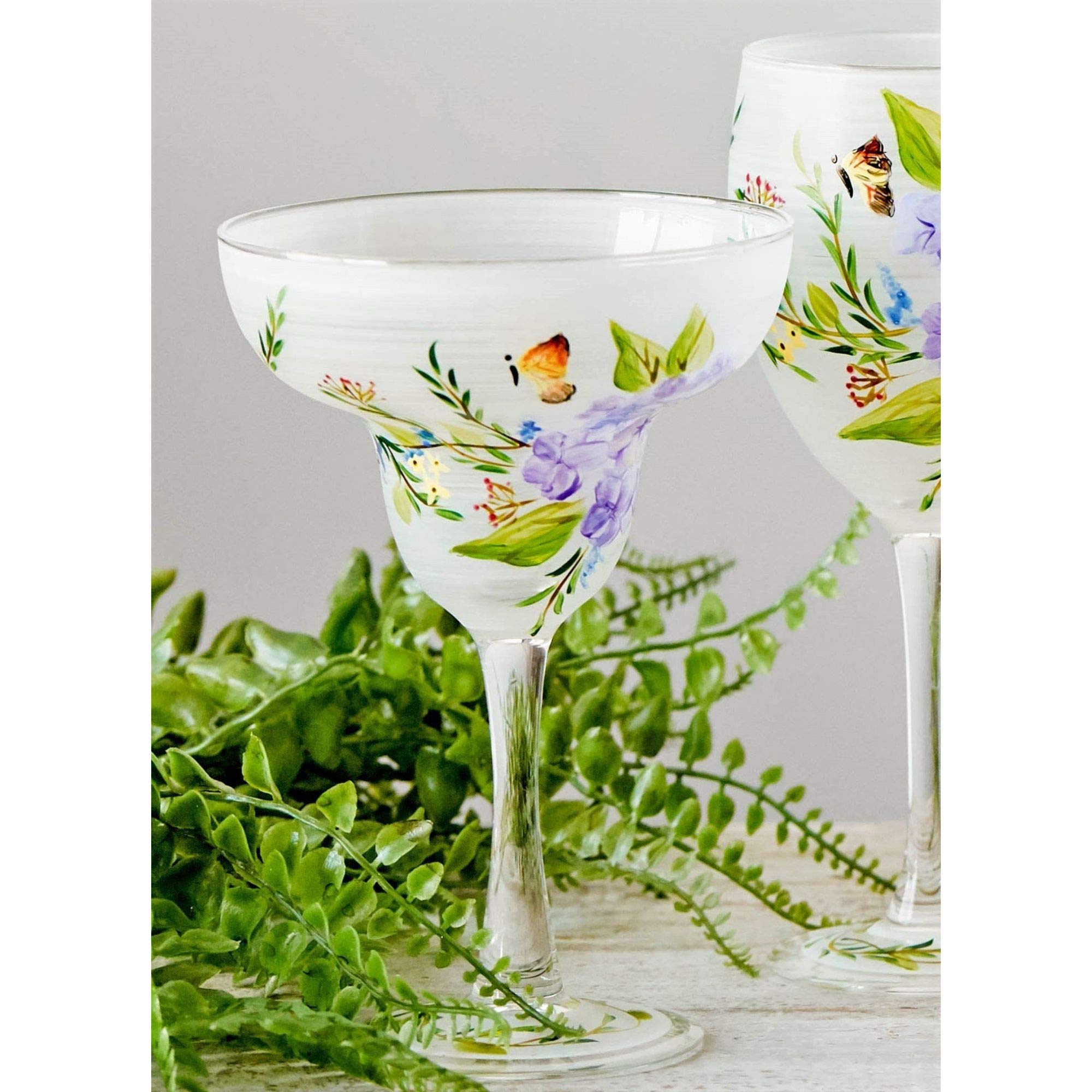 Set of 2 Hand-Painted Floral Margarita Glasses - 12oz Green & Blue Cocktail Cups for Summer Parties & Mexican Themed Decor