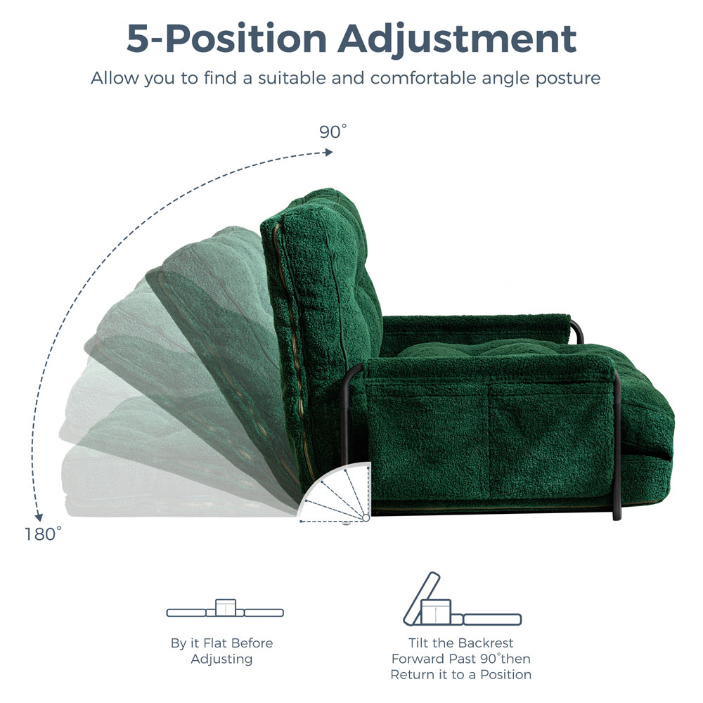 MAXYOYO Adjustable Floor Sofa Couch with Pillow - Boucle Convertible Lazy Sofa Sleeper Bed with Armrest, Single Seat Green - Perfect for Small Spaces, Living Room Lounging & Guest Bed