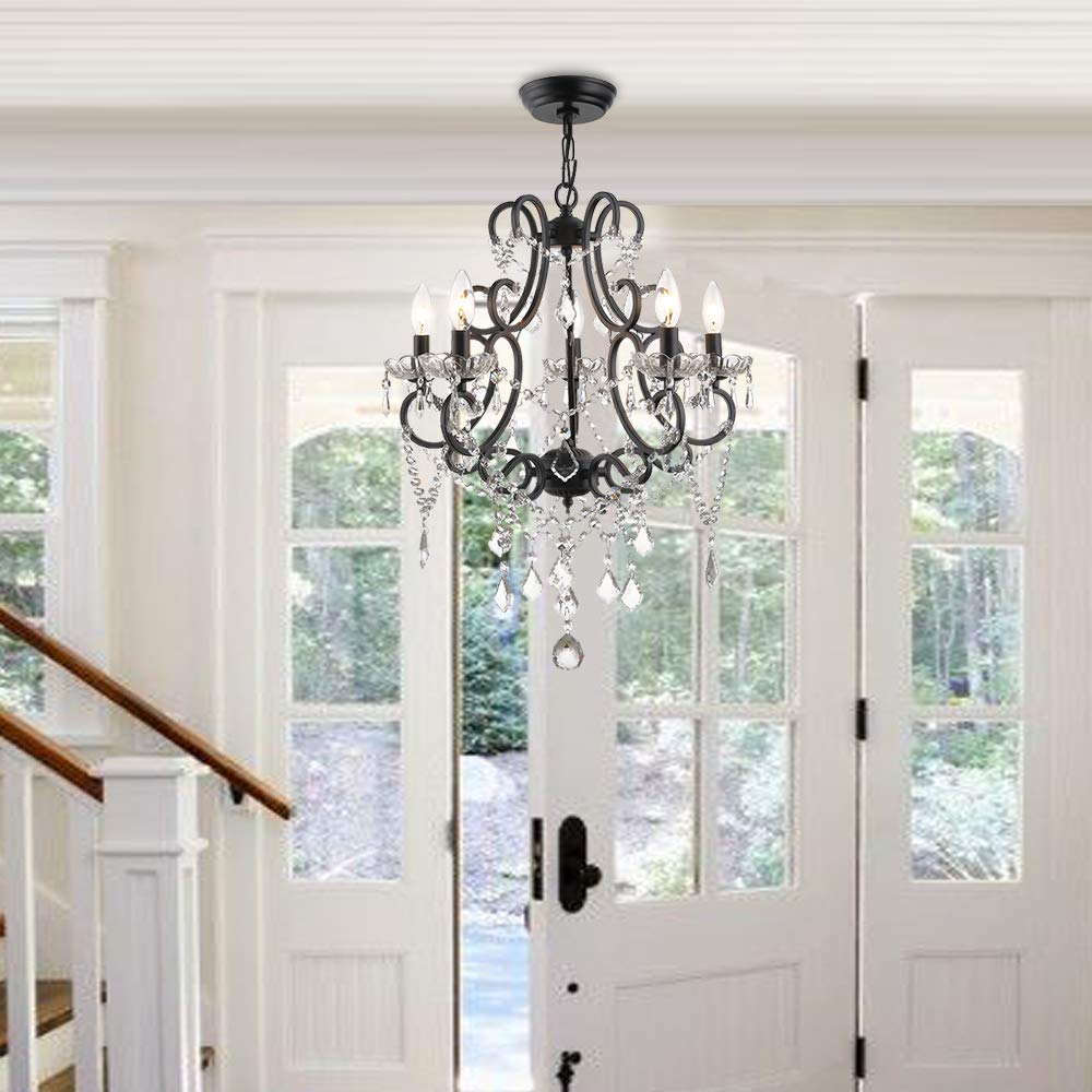 Maxax 5-Light Modern K9 Crystal Chandelier - Elegant Raindrop Candelabra Pendant Ceiling Lamp for Dining Room & Living Room Lighting | Black Finish | Perfect for Home Decor, Wedding Venues & Luxury Interior Design
