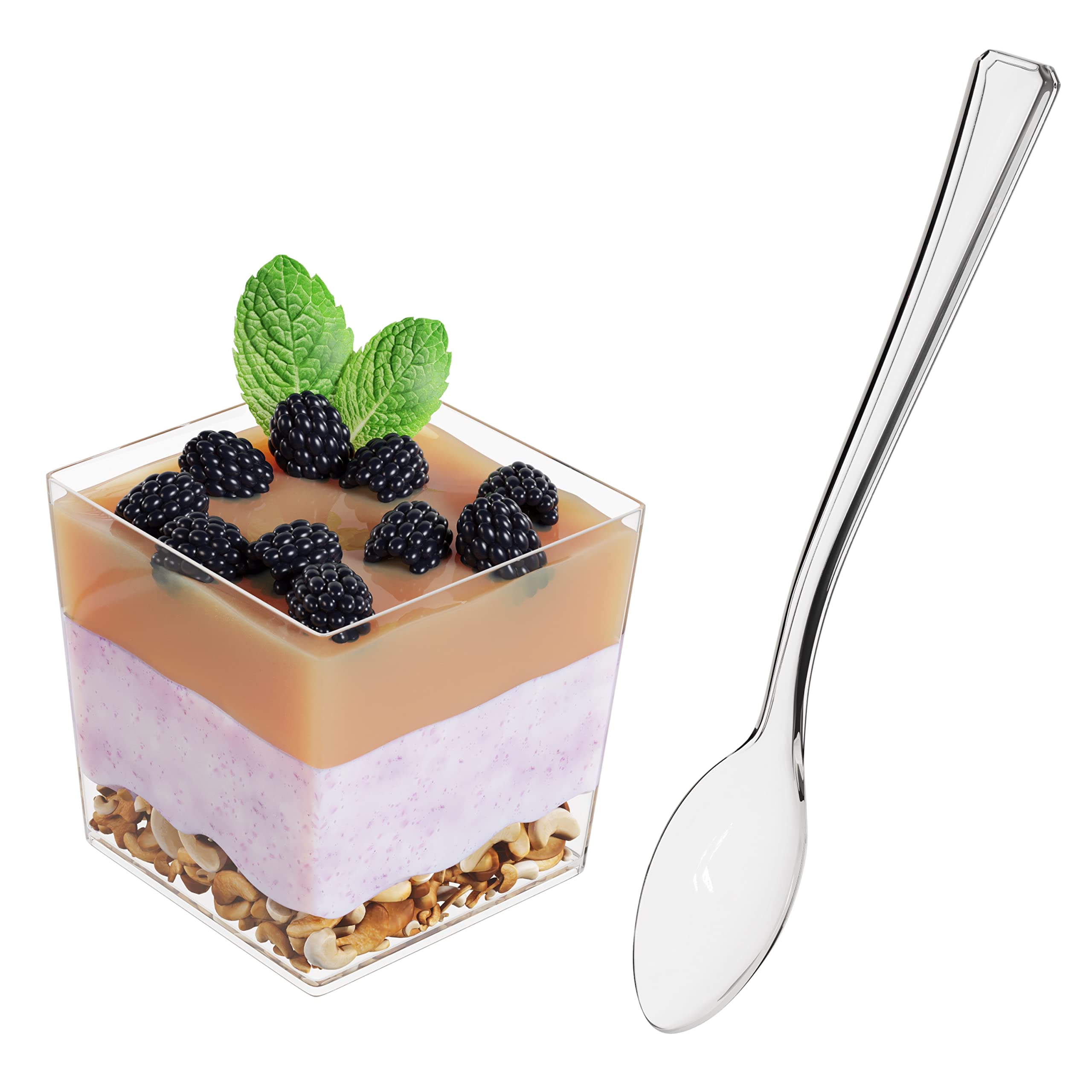 200 Pcs 3.6 Oz Disposable Square Plastic Dessert Cups with Mini Spoons - Elegant Mini Parfait & Appetizer Cups for Parties, Weddings, Catering, and Dessert Tastings | Perfect for Ice Cream, Pudding, Fruit Salads, and Cocktail Garnishes