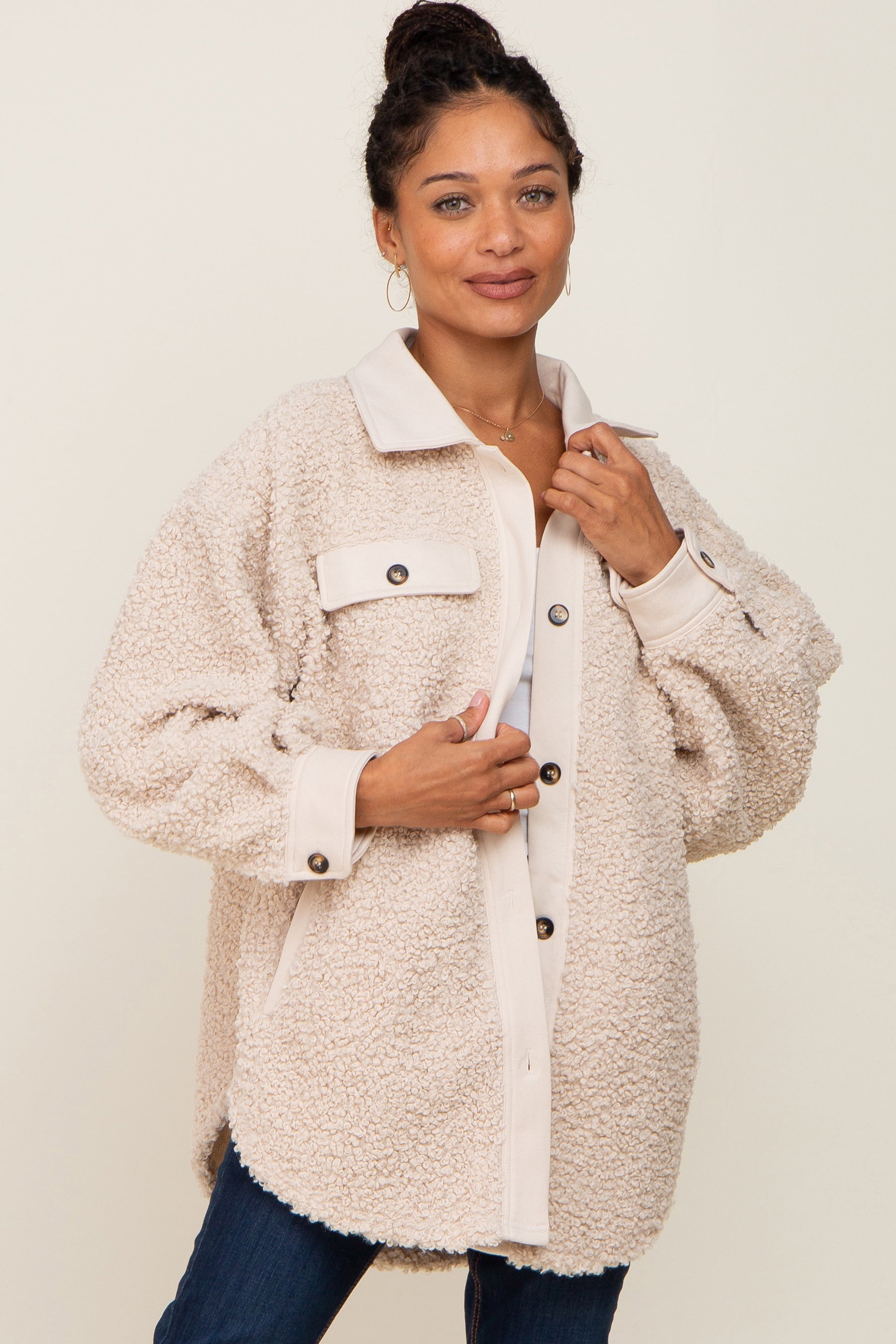 Beige Contrast Oversized Sherpa Coat for Women - Warm Winter Jacket with Soft Fleece Lining - Cozy Outerwear for Cold Weather, Outdoor Activities, and Casual Street Style