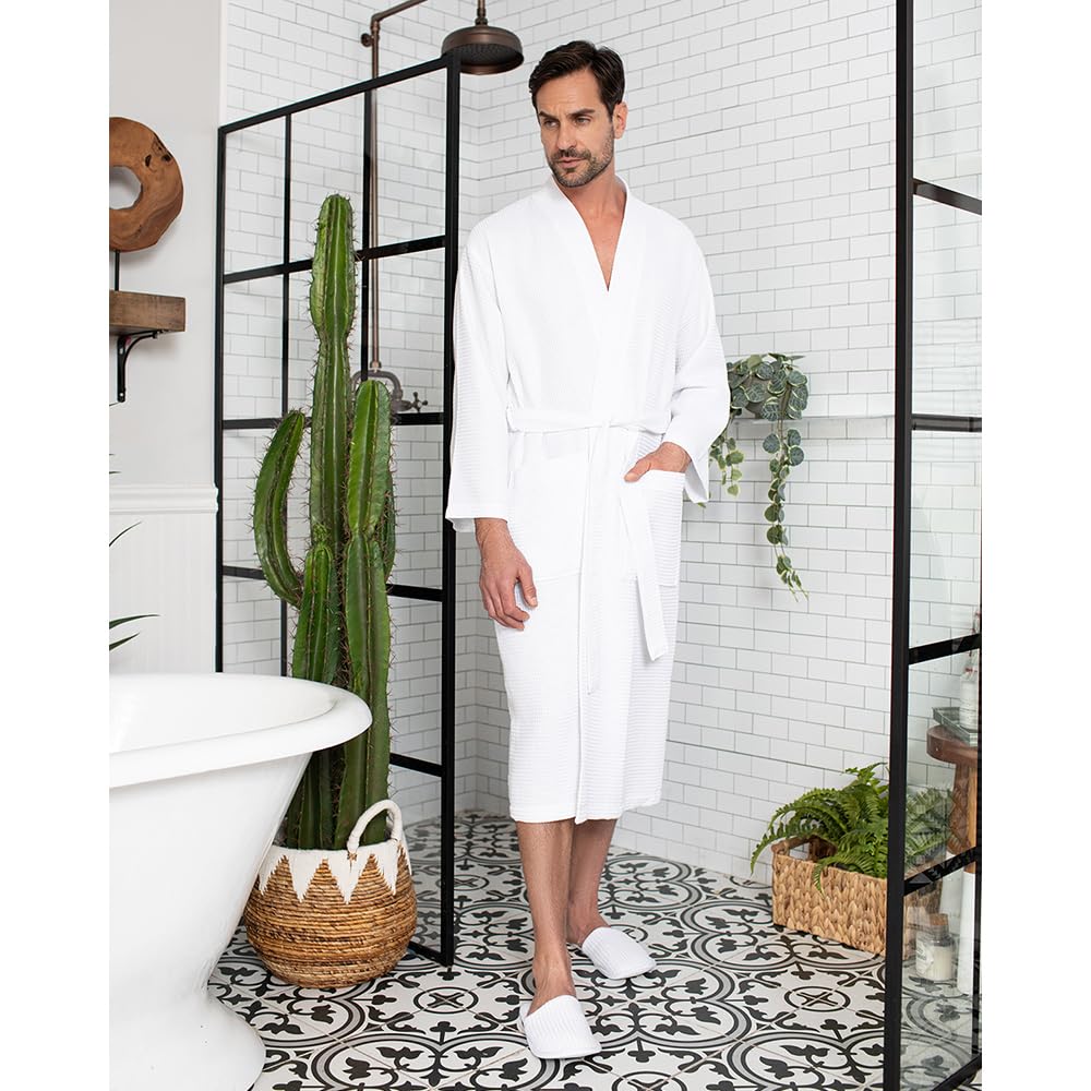 Luxury Soft Waffle Weave Cotton Bathrobe for Men - Premium SPA Lotus Linen Robe - Perfect for Relaxation, Lounging & After Shower Comfort