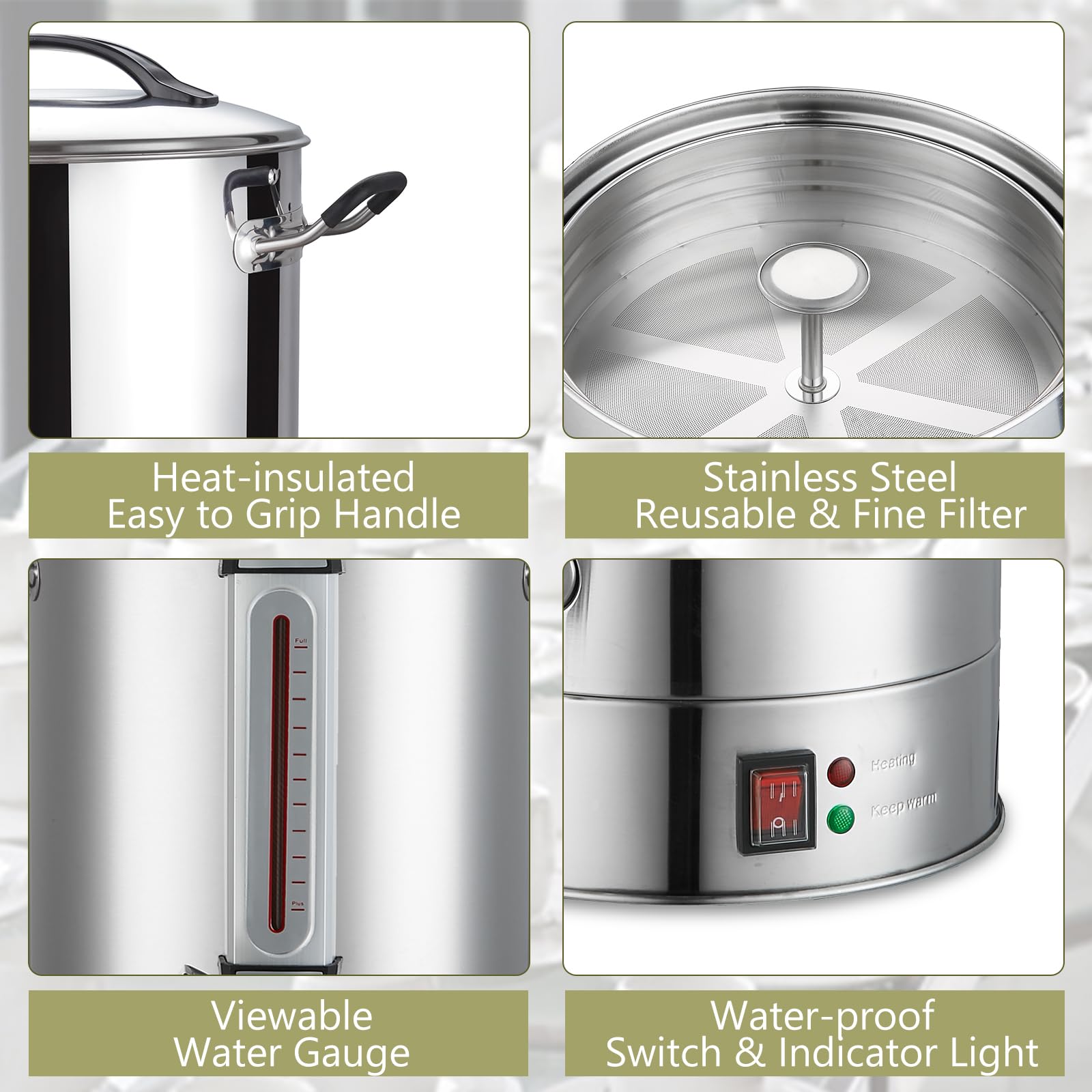 Commercial Grade 24L (160 Cup) Stainless Steel Coffee Urn - Fast Brewing Hot Water Dispenser for Large Events, Catering, Meetings, Churches & Schools - Durable Stainless Steel Construction for Office Breakrooms, Weddings, Banquets and Cafeterias