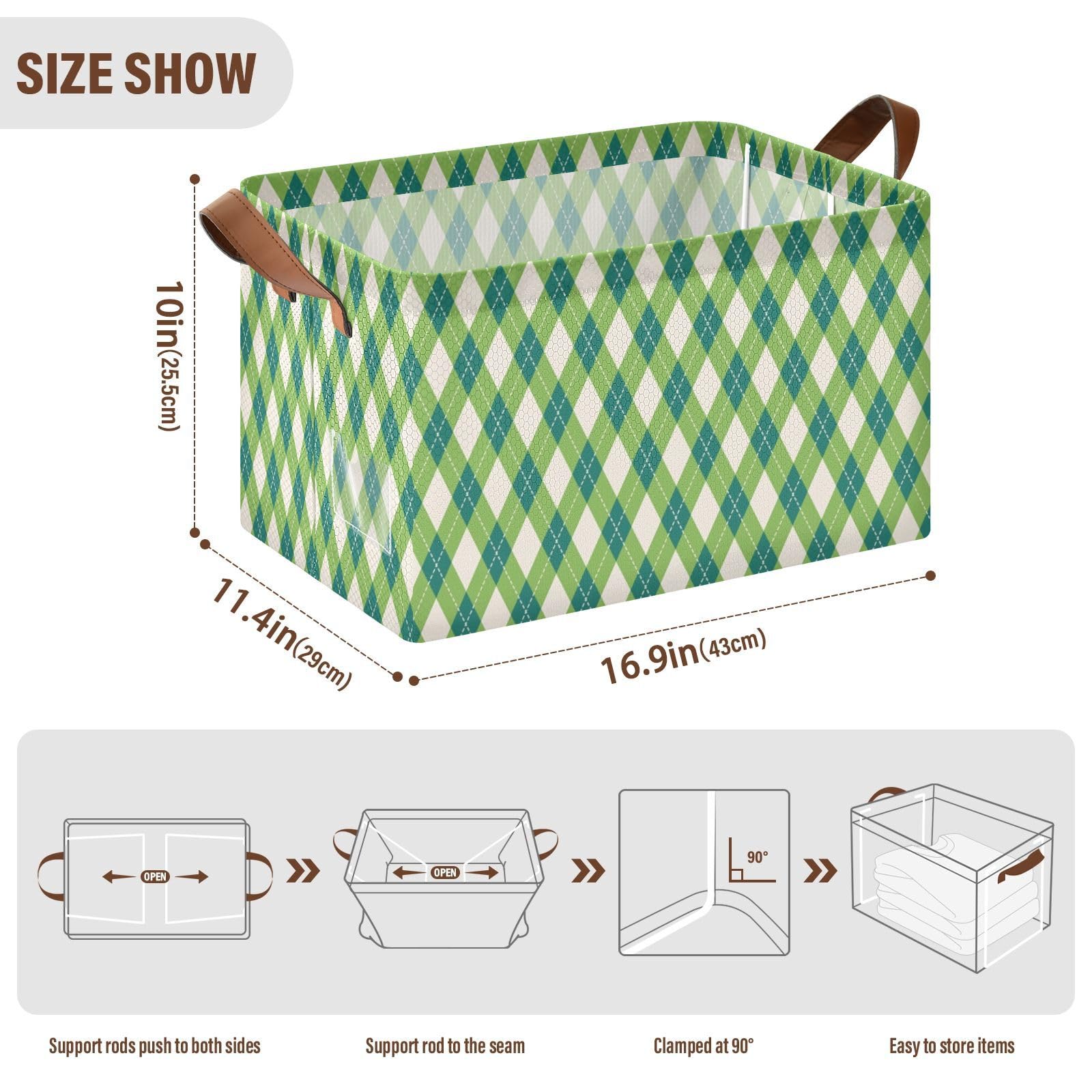 Premium Green Checkered Fabric Collapsible Storage Baskets with Handles - 2 Pack Foldable Storage Cubes for Organizing Shelves, Closet, Wardrobe | Perfect for Home, Office & Nursery Organization