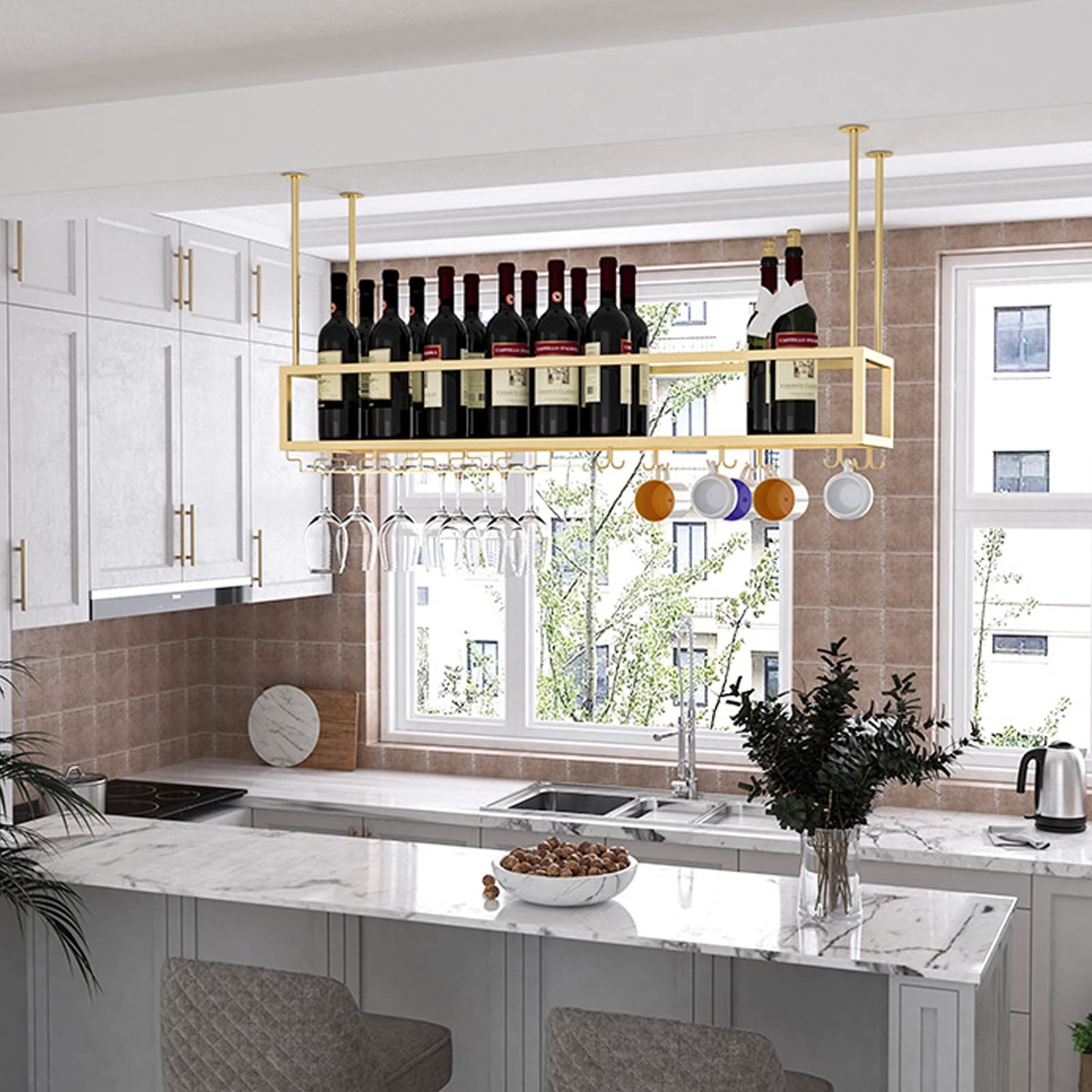 Premium Ceiling Hanging Wine Rack - Metal Under Cabinet Storage Shelf for Wine Bottles & Glass Goblets (80x25x21cm) - Perfect for Kitchen, Bar, Dining Room & Home Decor
