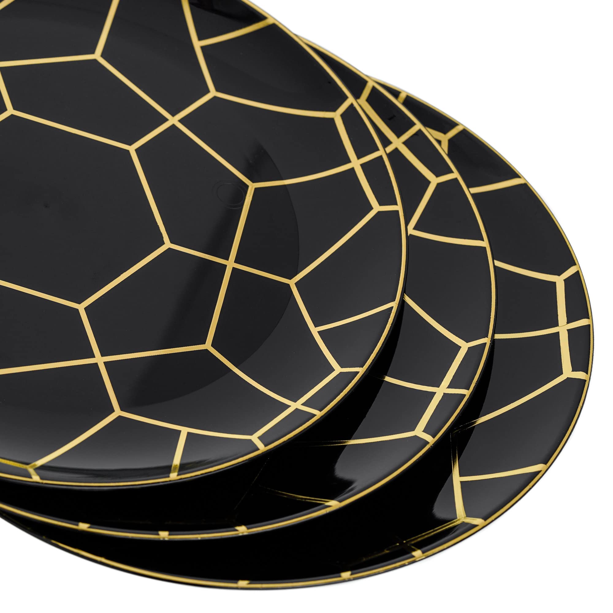 20-Pack STACKABLES 7.5 Inch Black & Gold Reusable Plastic Dinner Plates - 19cm Round Wedding & Party Plates for Catering, Events, Picnics - Durable Hard Plastic Dish Set for Elegant Dining & Outdoor Entertaining