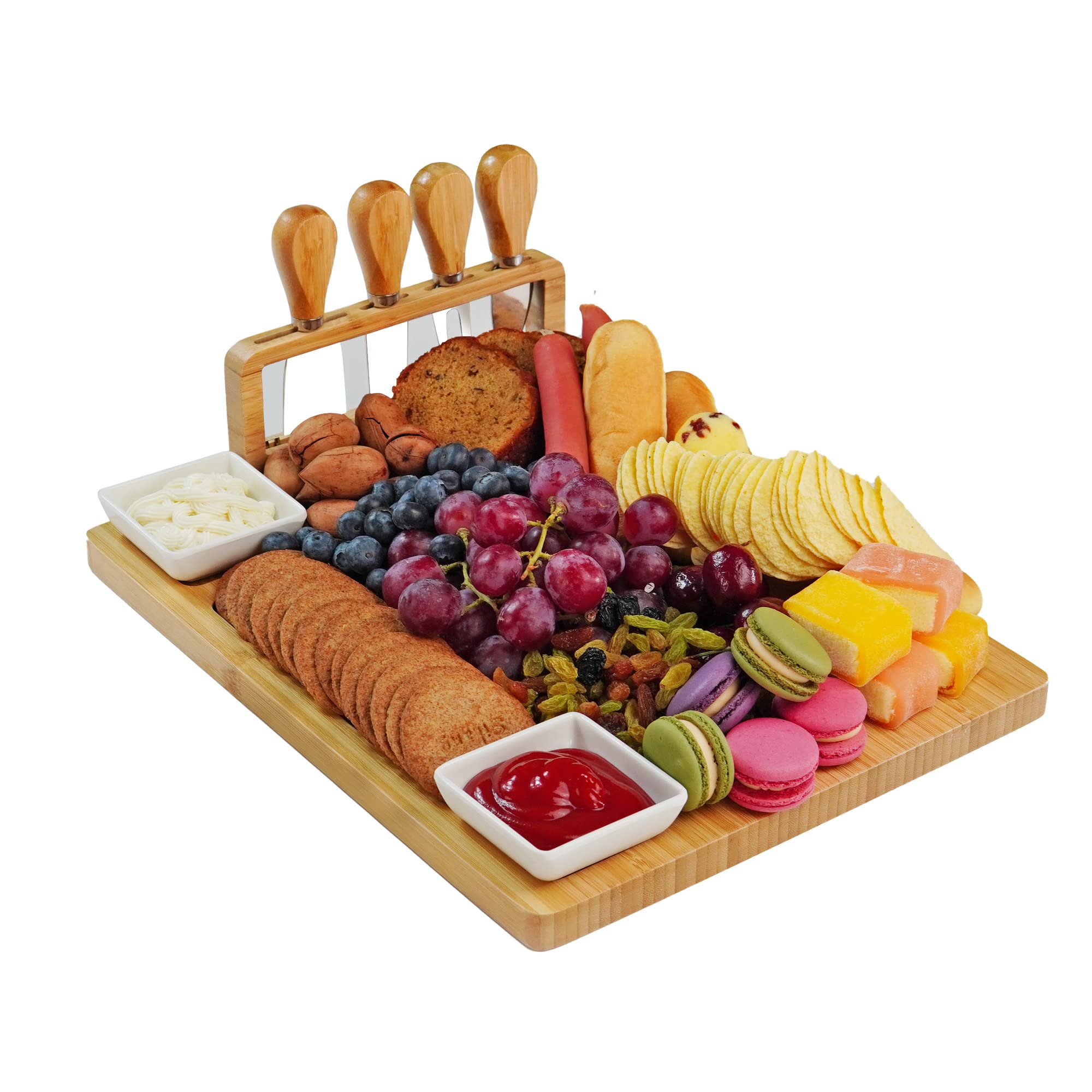 Premium Bamboo Cheese Board and Knife Set - Charcuterie Serving Platter with 4 Stainless Steel Knives - Perfect for Wine Pairings, Entertaining Guests, and Holiday Gifts - Ideal for Cheese Lovers, Dinner Parties, and Charcuterie Displays