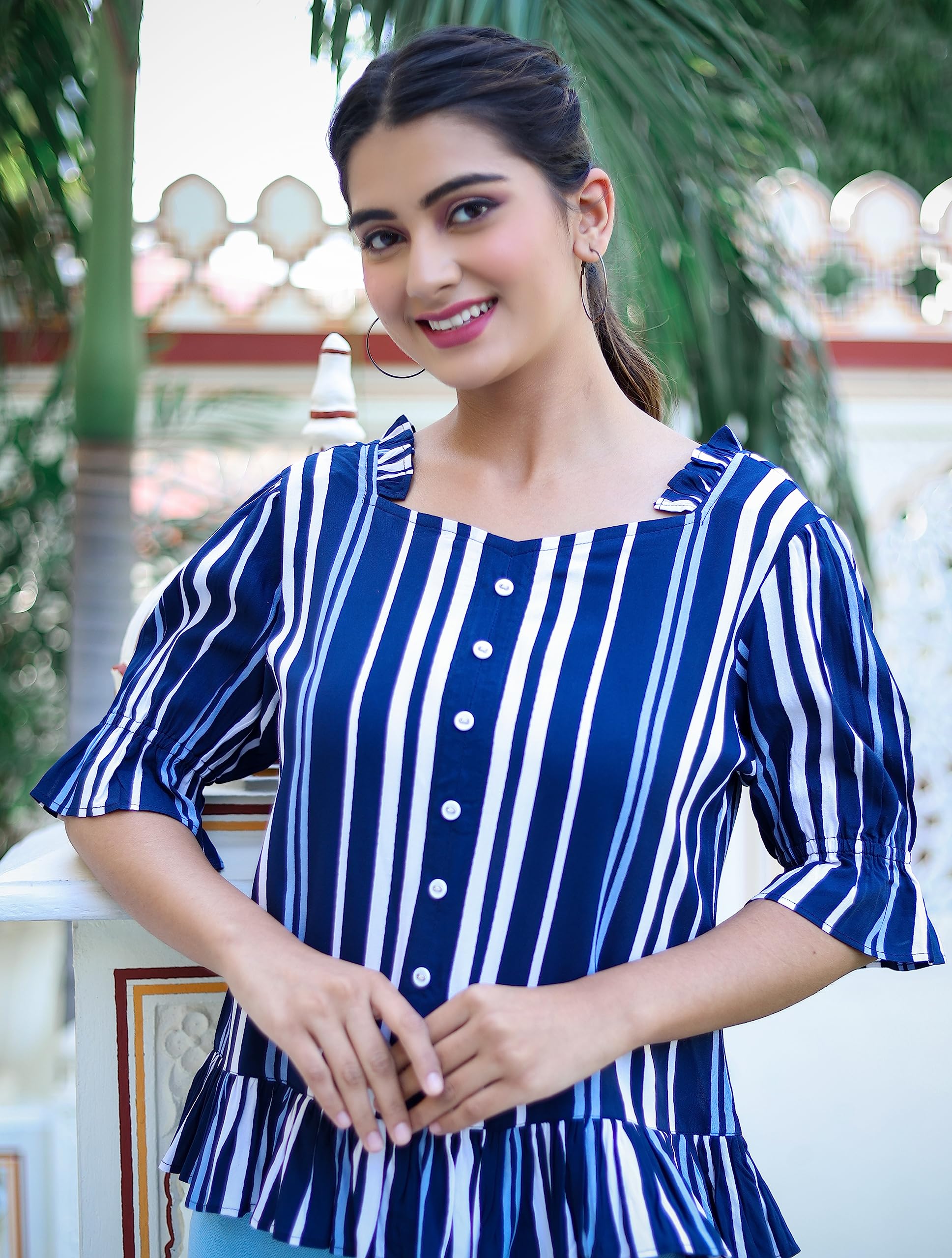 Yash Gallery Women's Regular Fit Striped Ruffle Blouse - Casual & Chic Top for Work, Date Night & Everyday Wear