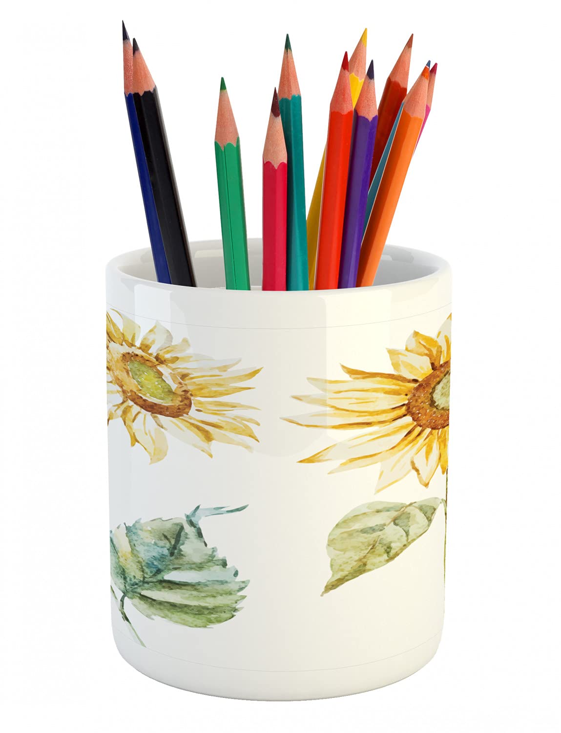 Ambesonne Ceramic Pencil Holder - Watercolor Sunflowers Design, 3.6