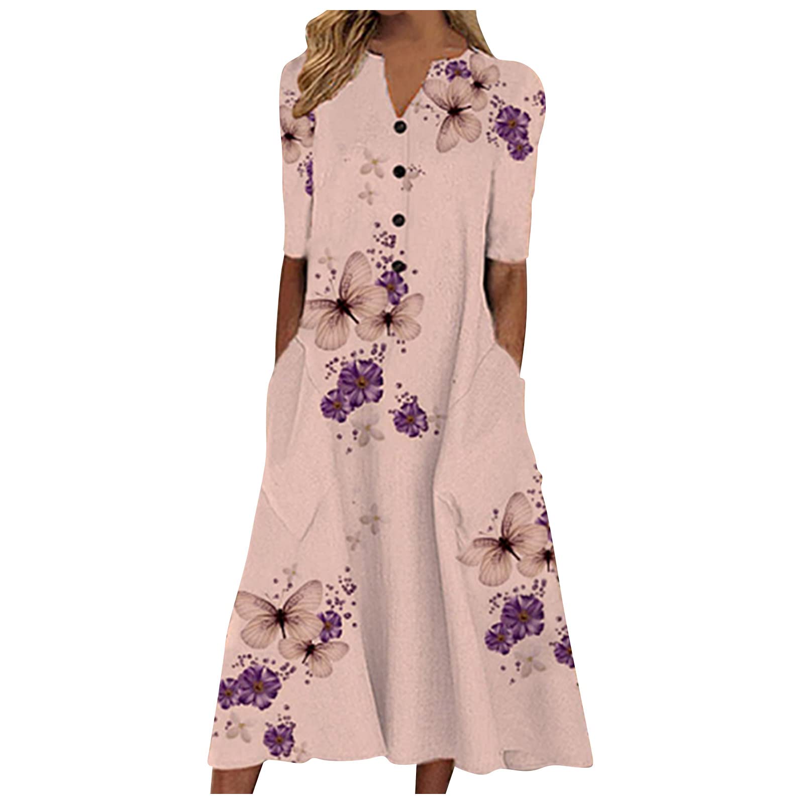 Genclrs Women's Casual & Party Midi Dress - Floral Print Short Sleeve V-Neck Button Pocket Beach Dress (Sizes S-3XL) | Perfect for Summer Outings, Beach Vacations & Date Nights