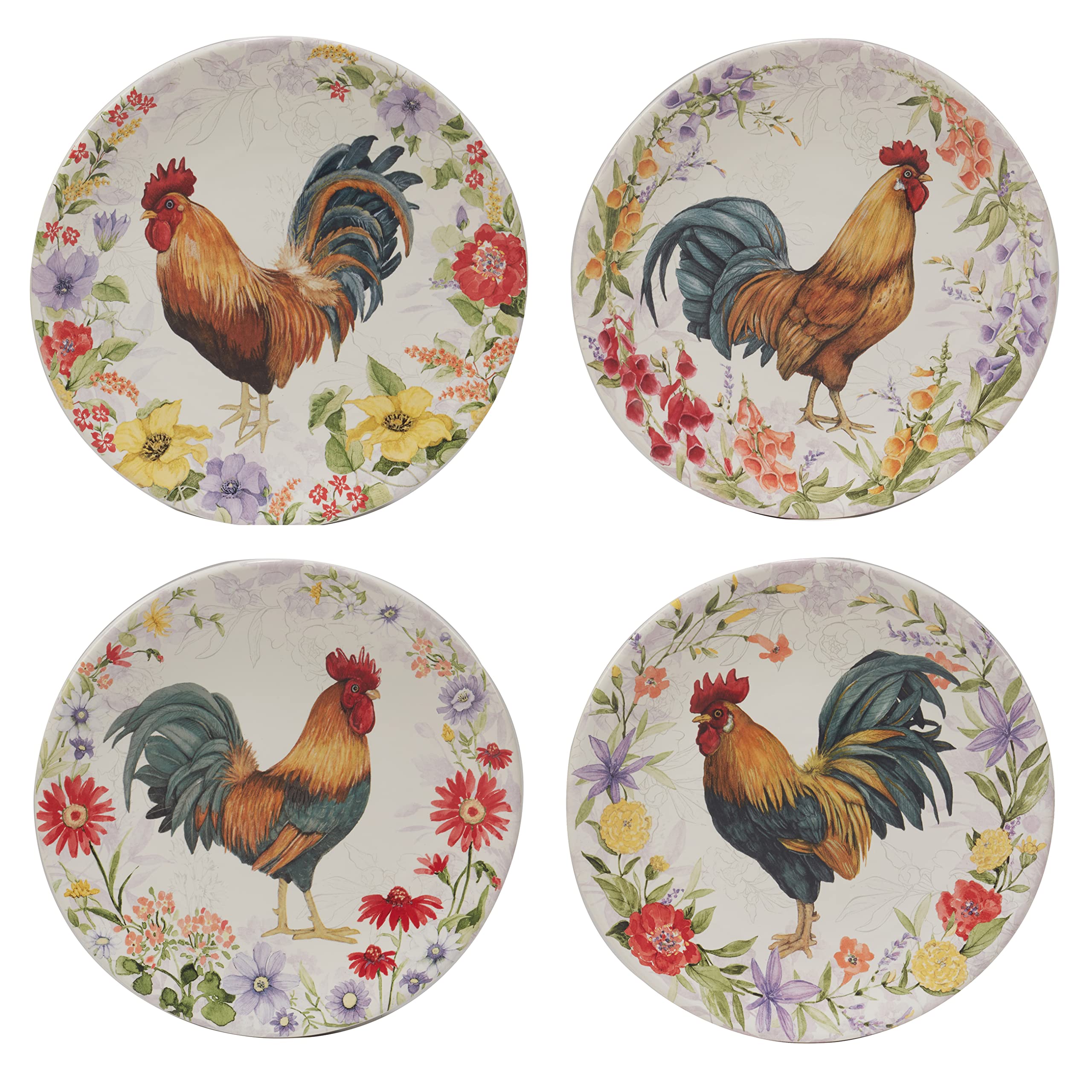Certified International Floral Rooster 9-Inch Salad & Dessert Plates - Set of 4 Assorted Multicolor Designs - Perfect for Dinner Parties, Tea Time & Home Decor