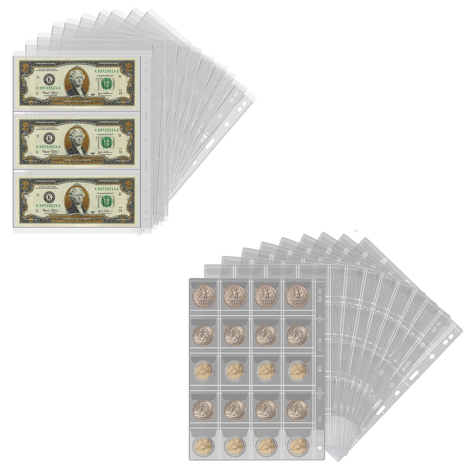 Premium Coin Collection Supplies - 12 Sheets Coin Holder Album Book Sleeves Bundle for Collectors | Currency Protection & Storage Solution for Rare Coins, Bullion & Numismatic Collections