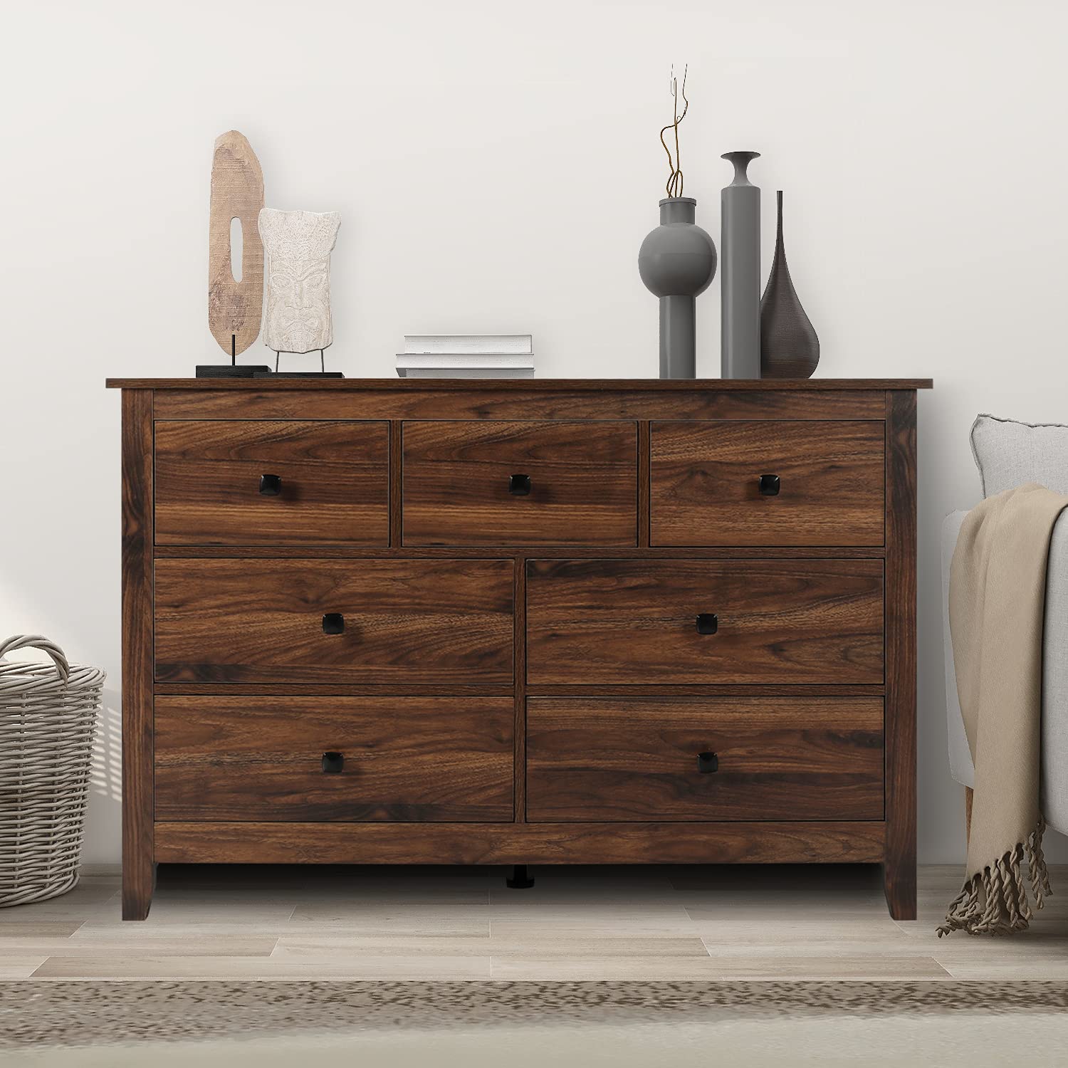LTMEUTY 7-Drawer Wooden Dresser for Bedroom - Rustic Brown Wood Grain Chest Dresser, Horizontal Storage Furniture | Perfect for Bedroom Organization, Guest Room & Apartment Decor