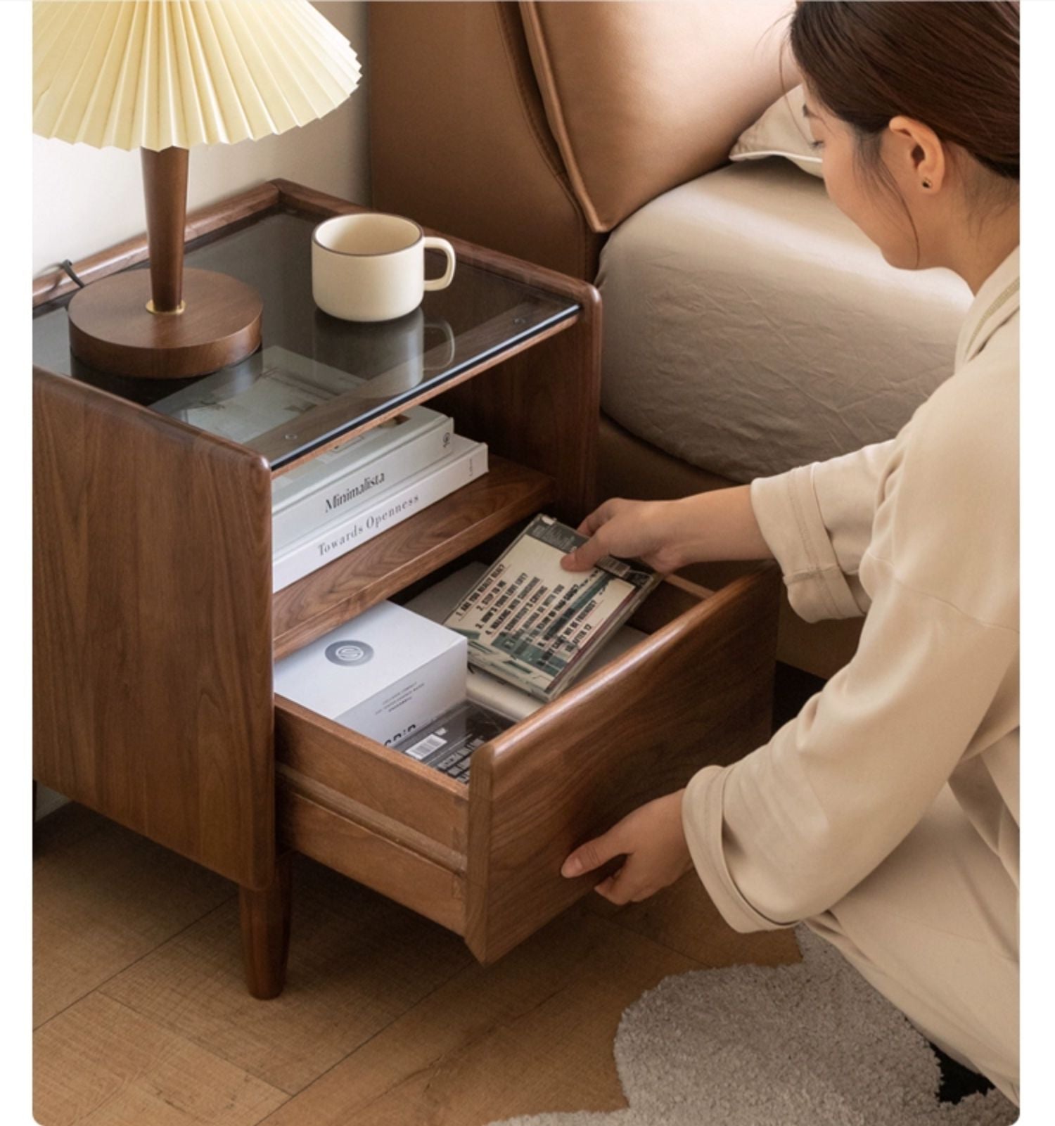 Premium Black Walnut Solid Wood Nightstand with Tempered Glass Top - Modern Bedside Table for Bedroom, Living Room, or Office Use