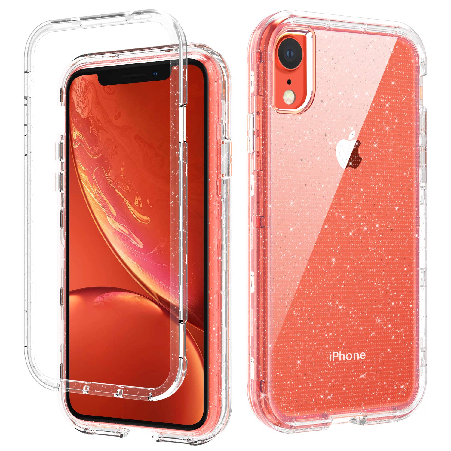 DOMAVER iPhone XR Clear Glitter Bling Phone Case - Heavy Duty 3-Layer Shockproof Bumper Protective Cover (Transparent) - Perfect for Everyday Protection & Style Enhancement