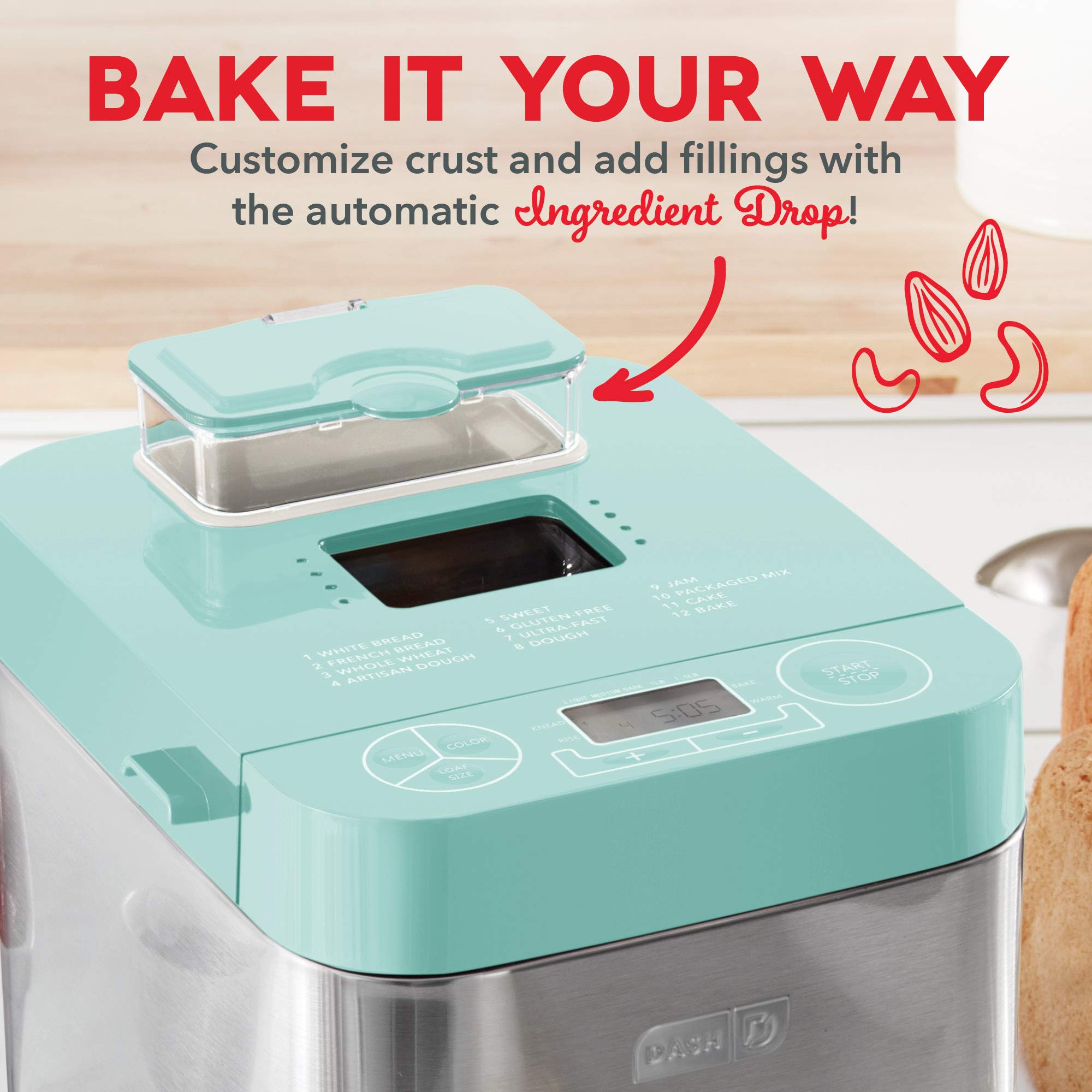 Dash Everyday Stainless Steel Bread Maker - 1.5lb Loaf Capacity, 12 Programmable Settings, Gluten-Free Option & Auto Dispenser (Aqua) | Perfect for Homemade Bread, Artisan Loaves & Gluten-Free Baking