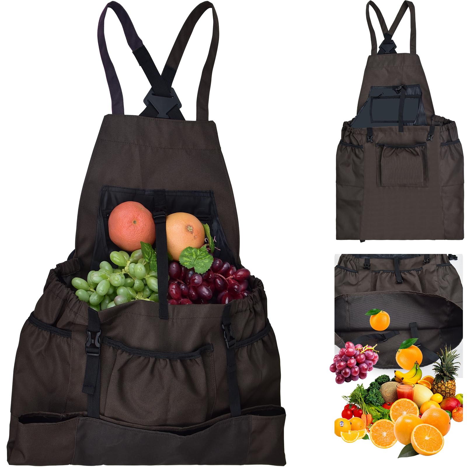 Heavy Duty 900D Waterproof Gardening Apron with Quick Release Pockets - Harvesting Fruit Storage Pouch for Gardeners (Brown) - Perfect for Outdoor Gardening, Farm Work & Harvesting Vegetables