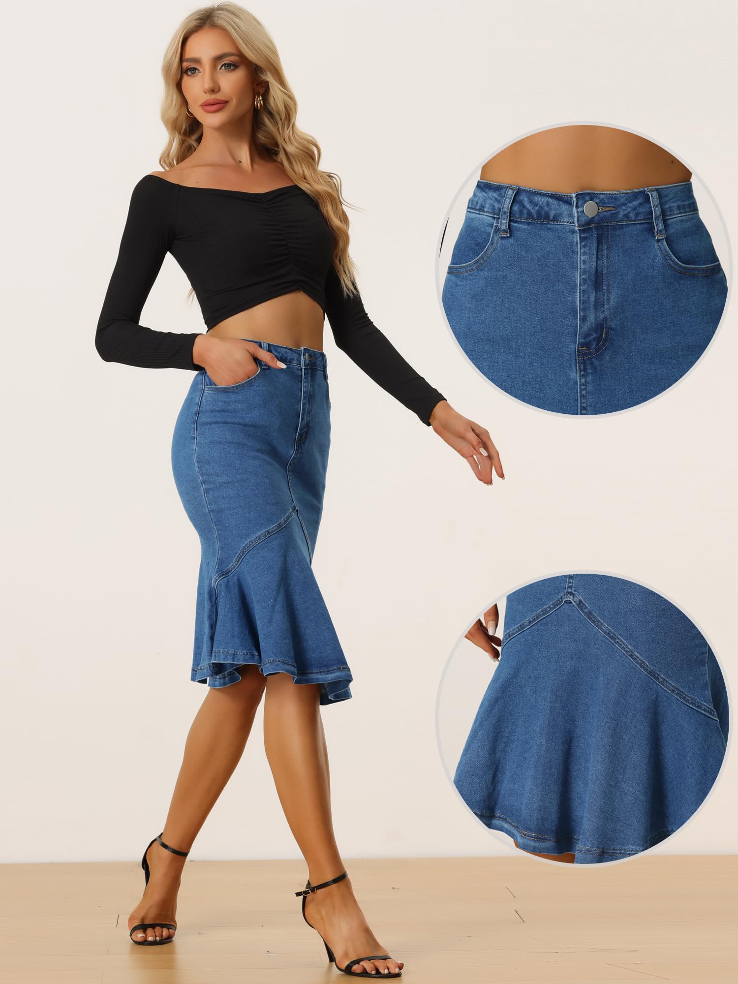 Allegra K Women's High Waist Denim Jean Skirt - Bodycon Fit with Ruffles & Fishtail Hem | Perfect for Casual Outings, Date Nights & Summer Fashion