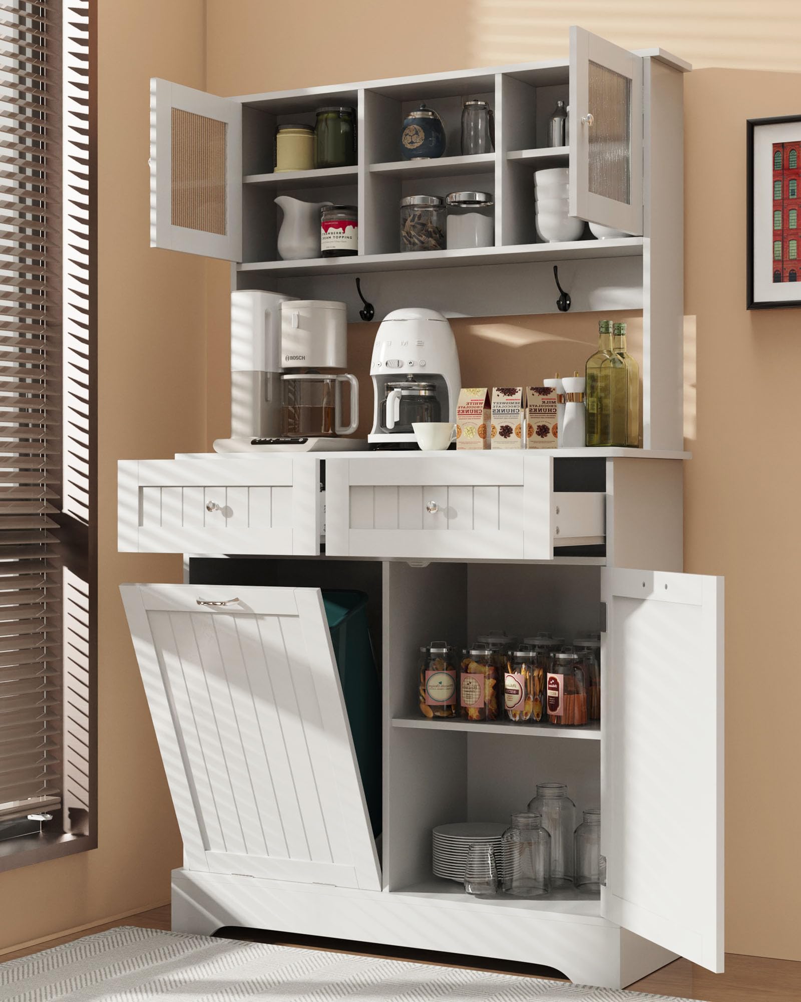 White Tilt-Out Trash Cabinet - Solid Wood Hideaway Trash Can with 2 Drawers, Freestanding Storage Cabinet for Kitchen Recycling & Waste Disposal - Perfect for Small Spaces & Home Organization