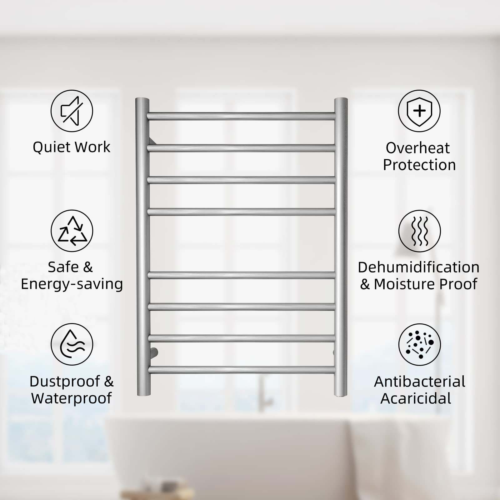 Brushed Nickel Electric Heated Towel Warmer - Wall Mounted Bathroom Towel Rack with 8 Stainless Steel Bars, 70W, 27.56x19.69x4.41 inches (ETW44-2) - Perfect for Spa, Luxury Bathrooms & Guest Room Towel Warming