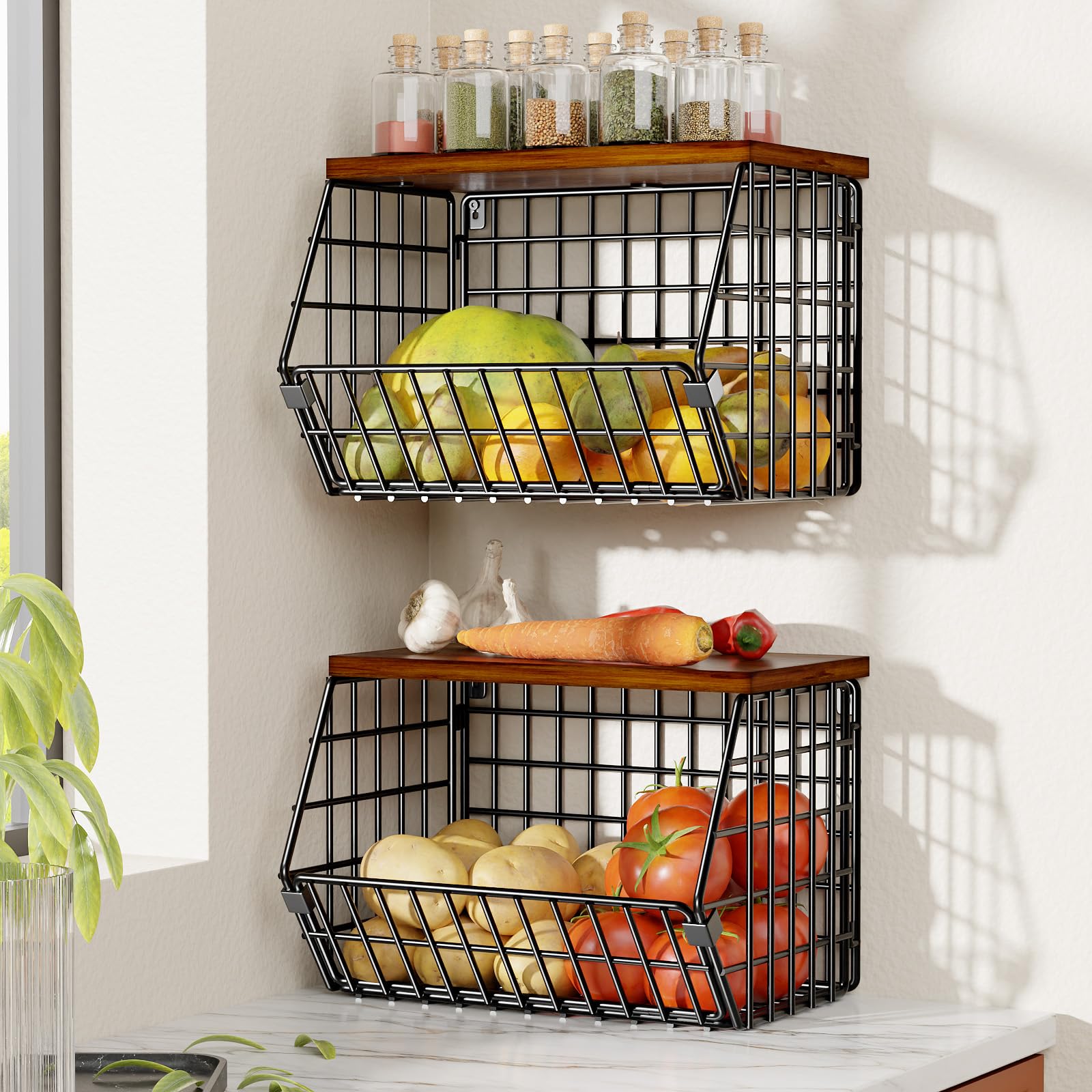 SUFAUY 2-Pack Black Wire Fruit Basket for Kitchen - Pantry Storage Bin for Potatoes, Onions & Bread - Countertop or Wall Mounted Organizer for Fresh Produce & Bakery Items
