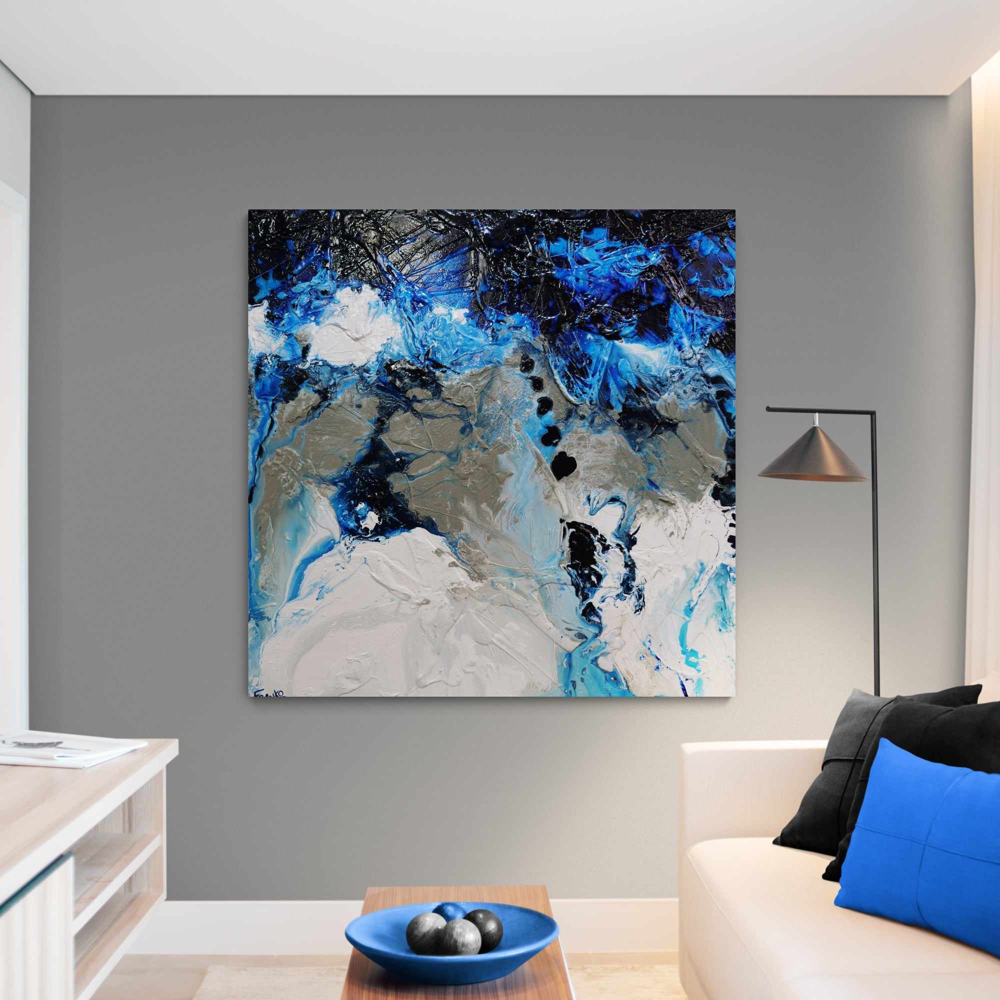 Blue Genetics 120x120cm Blue White Textured Abstract Canvas Wall Art - Modern Home Decor for Living Room, Bedroom & Office