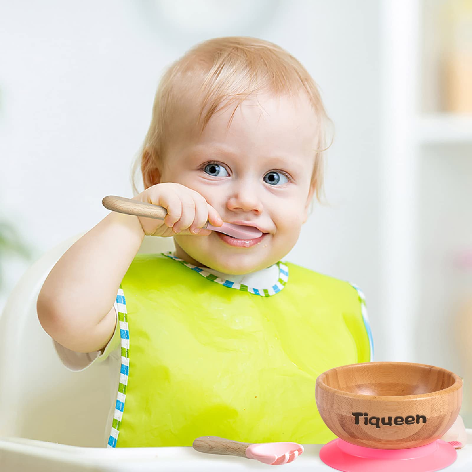 OXYEFEI Personalized Bamboo Baby Bowl with Detachable Suction Base & Silicone Spoons Set - BPA Free, Eco-Friendly Kids Feeding Bowl - Easy to Clean (Pink) - Perfect for Baby-Led Weaning, Toddler Mealtime & Travel Use