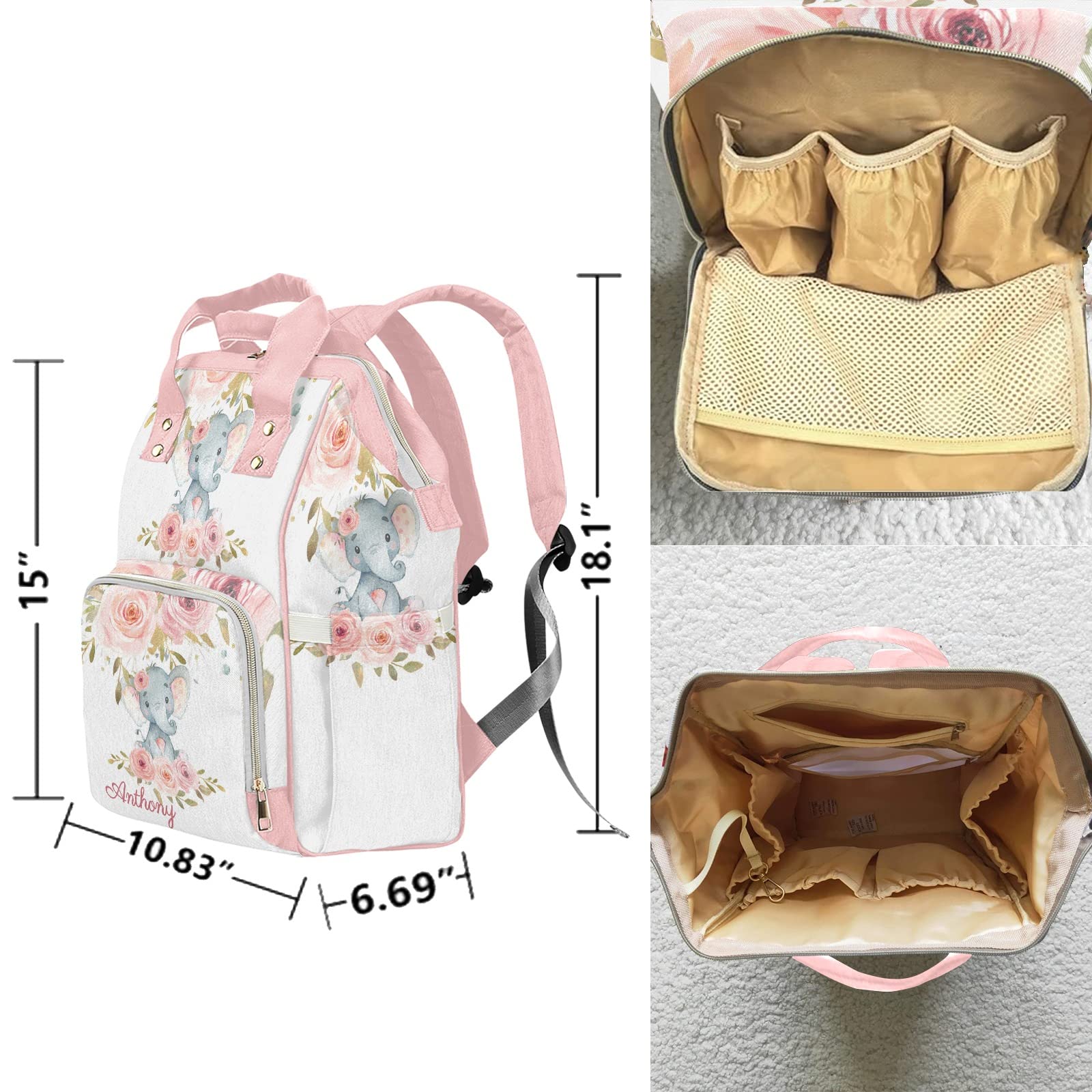 Custom Personalized Diaper Backpack for Girls - Pink Floral Design with Name Embroidery, Large Baby Bag for Nursing Moms, Travel & Daycare Essentials Organizer, Perfect Gift for New Moms