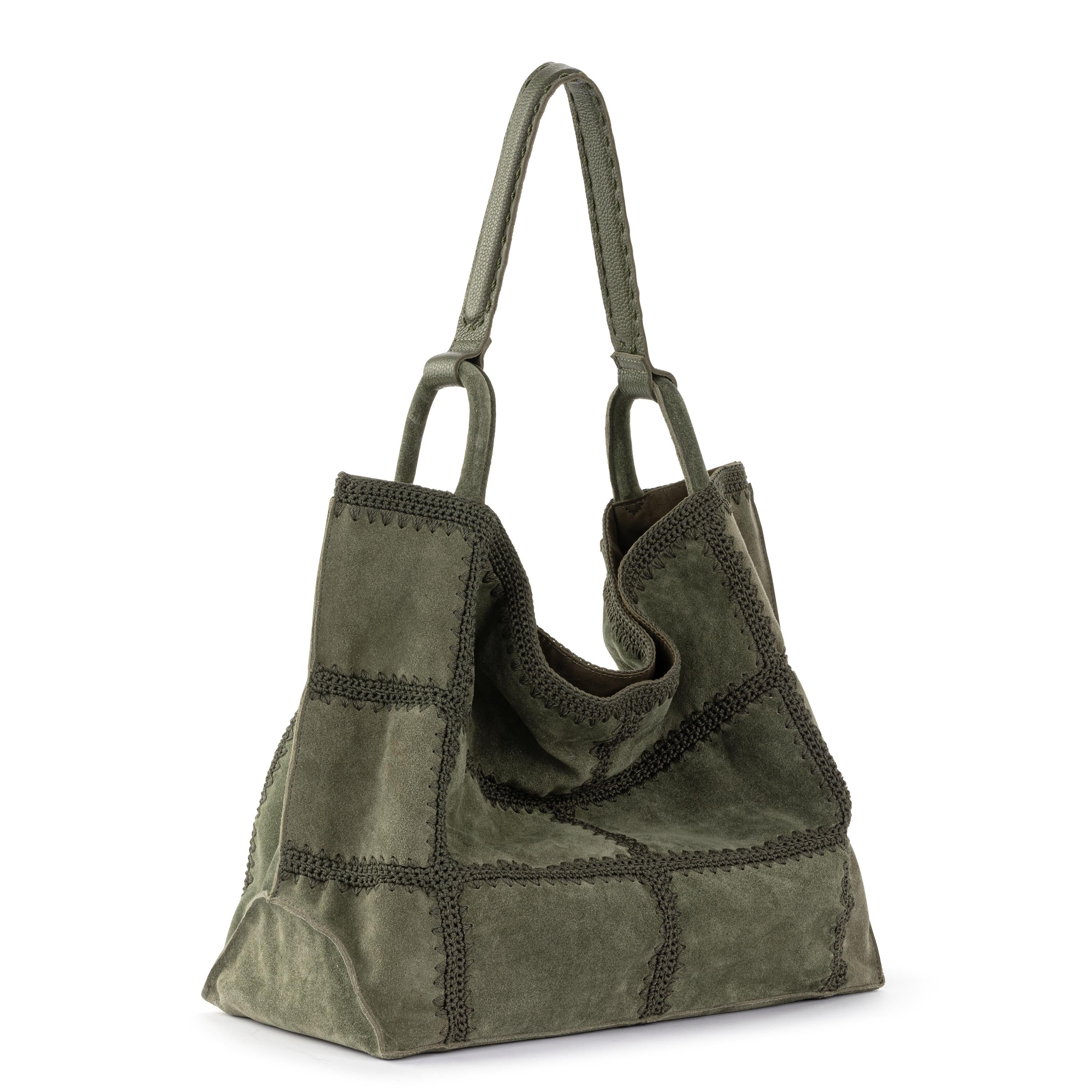 Los Feliz Large Leather Tote Bag with Moss Suede Patch - Stylish & Spacious Handbag for Work, Travel & Everyday Use