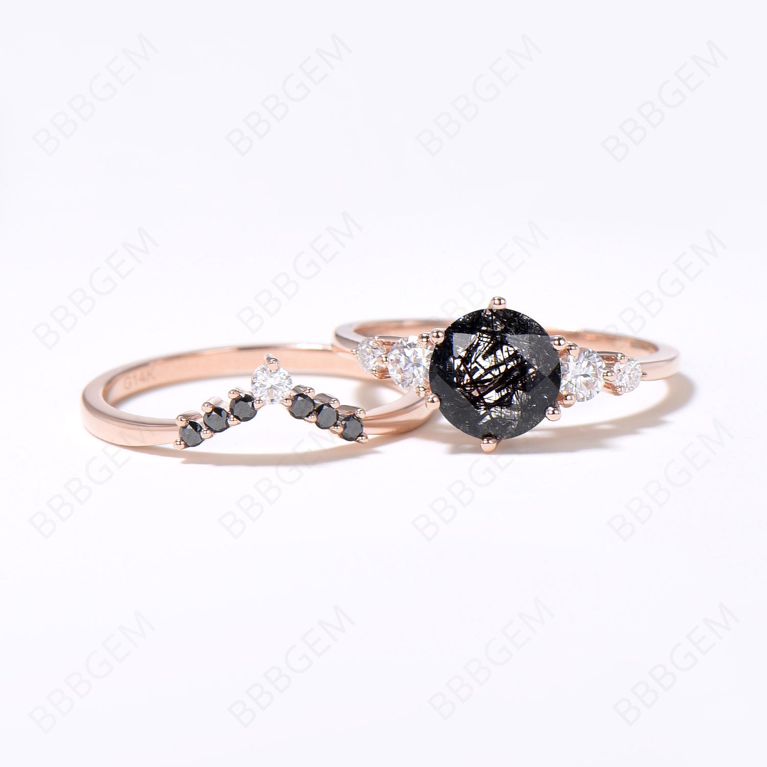 Vintage 5-Stone Round Cut Natural Black Rutilated Quartz & Moissanite Engagement Ring Set in 14k Rose Gold with Black Diamonds – Perfect for Bridal, Wedding, and Anniversary Gifts