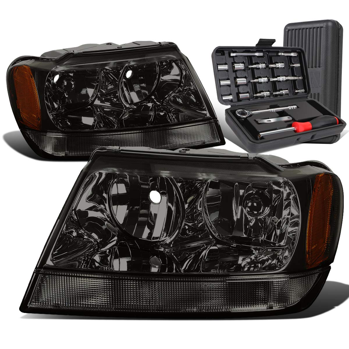 Auto Dynasty Smoked Housing Amber Corner Headlight Lamps with Tool Kit - Compatible with Jeep Grand Cherokee WJ 1999-2004 | Replacement Headlights for Off-Road & Night Driving