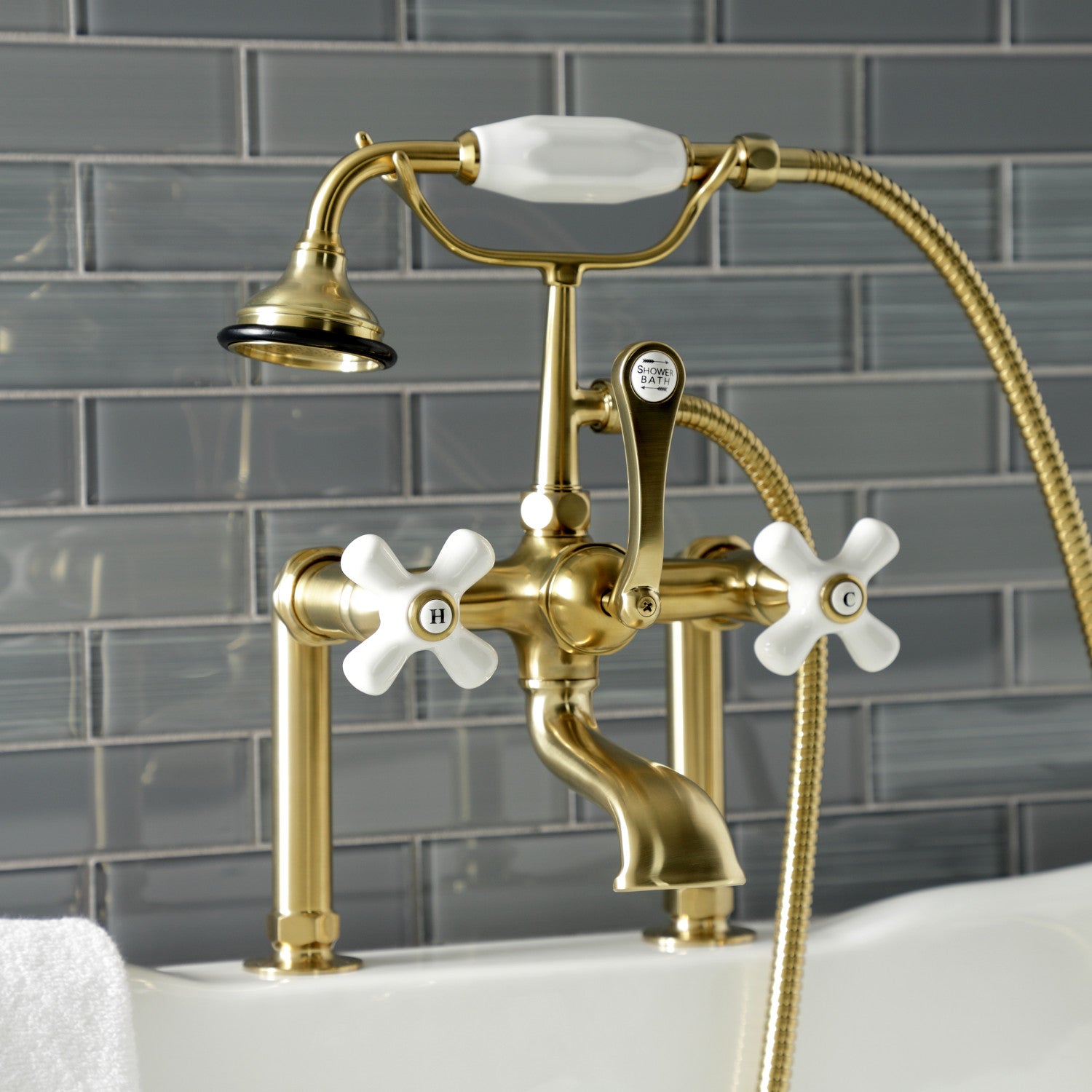 Vintage Clawfoot Tub Faucet with Hand Shower - 3-Handle 2-Hole Deck Mount Brushed Brass Bathroom Fixture for Classic & Modern Bathrooms | Perfect for Renovations & Luxury Spa Experience