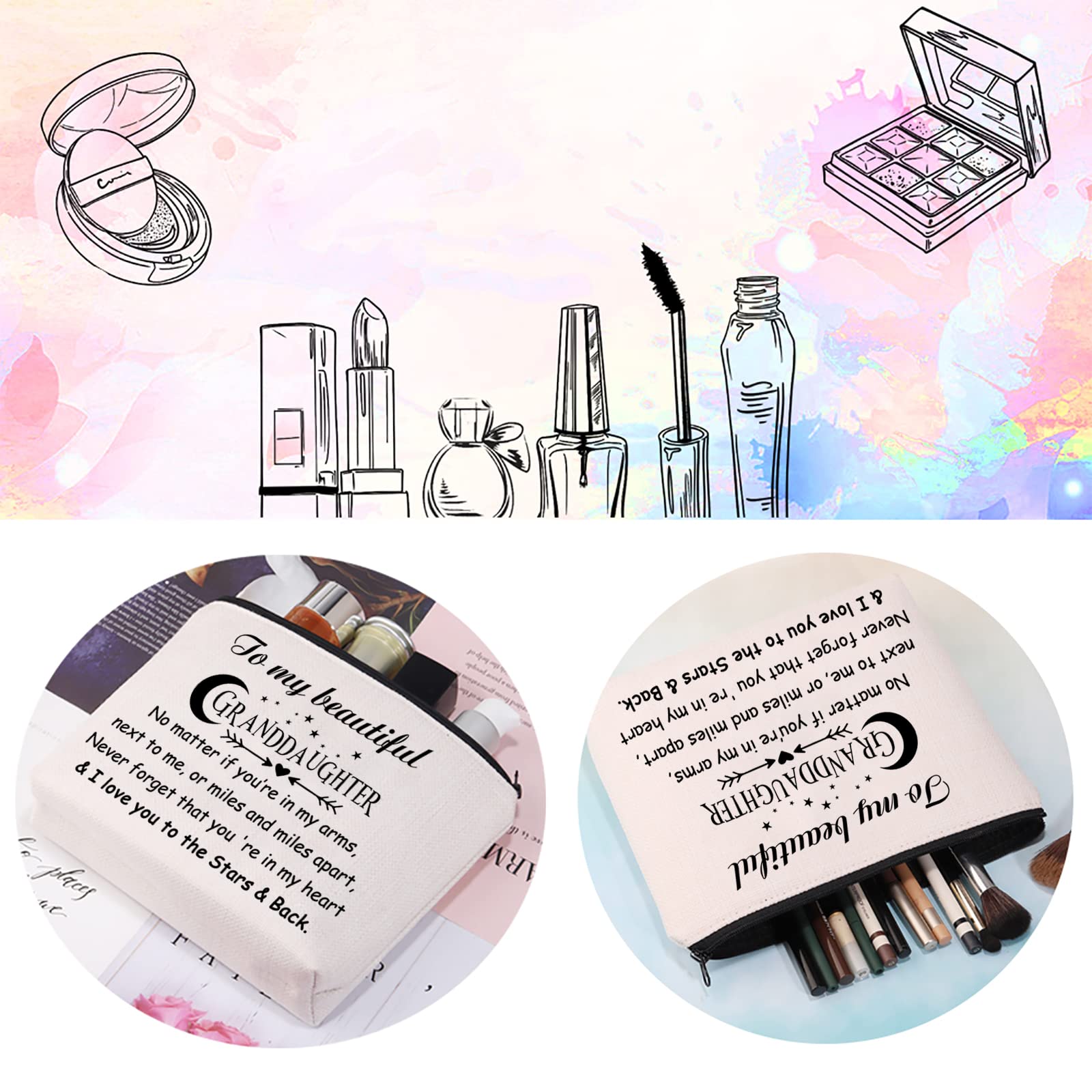 CMNIM Granddaughter Makeup Bag - Best Gift for Granddaughter from Grandma | I Love You to The Stars & Back | Perfect for Travel, School & Sleepovers (Pink Cosmetic Pouch)
