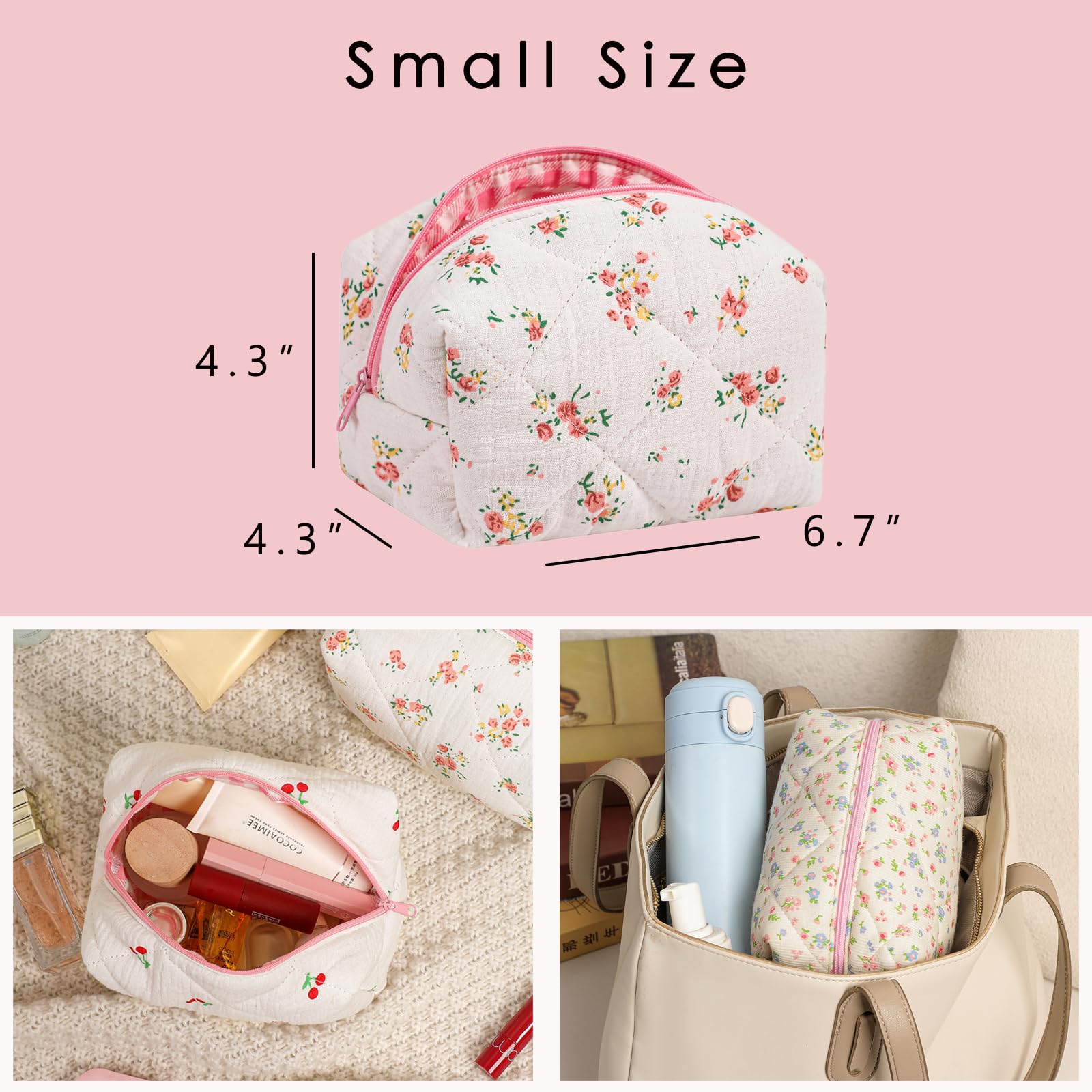 Small Quilted Cotton Makeup Bag | Cute Floral Cosmetic Pouch | Travel Toiletry Organizer for Women & Girls | Kawaii Aesthetic Accessory (Yellow Pink Flower) | Perfect for Travel, Gym, Daily Use & Gift Giving