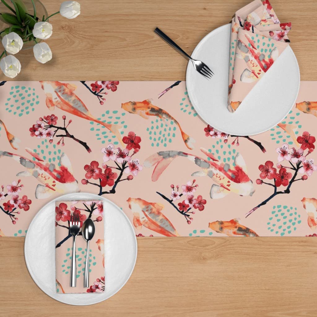 Japanese Garden Koi Fish Cherry Blossoms Cotton Sateen Table Runner - 72