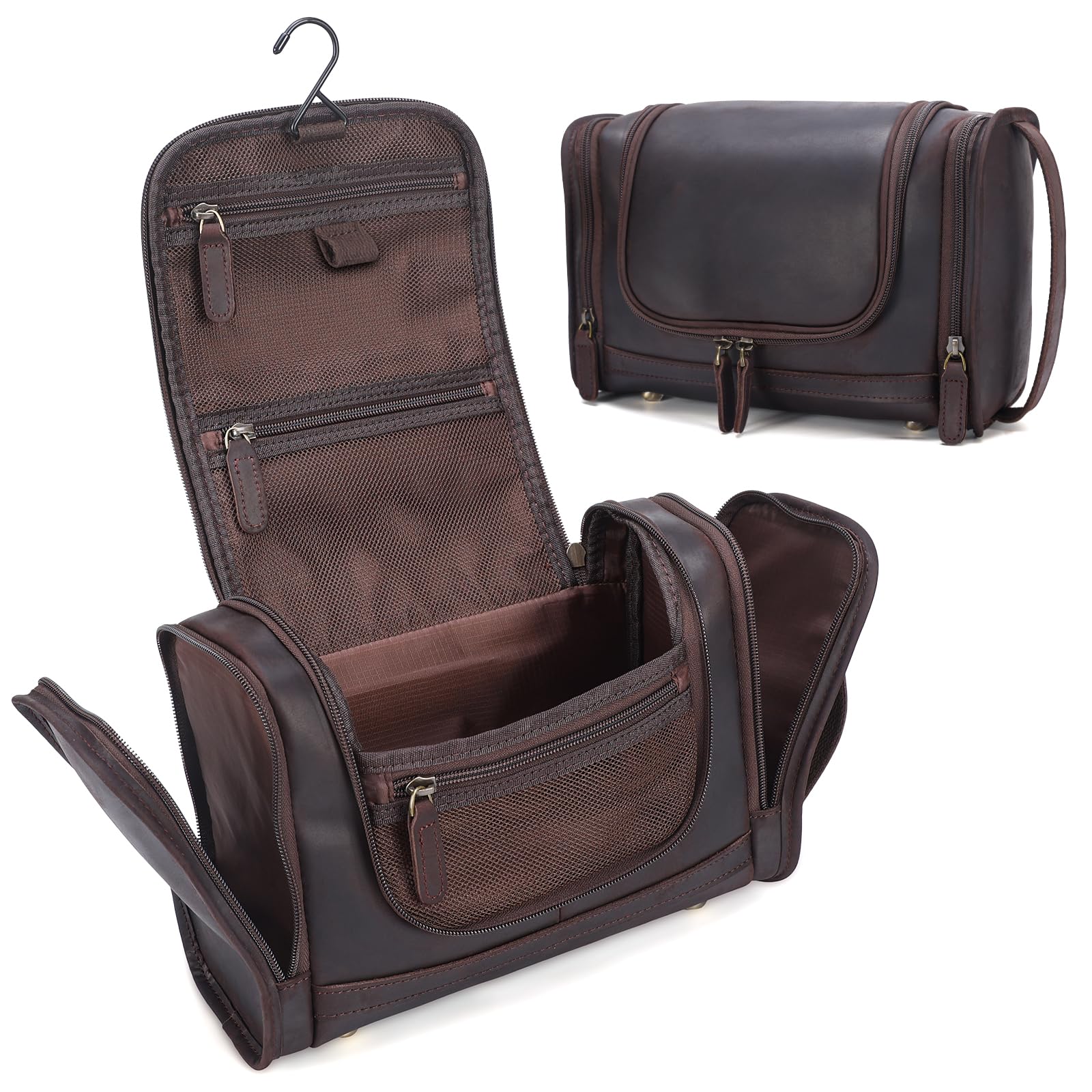 Premium Full Grain Leather Toiletry Bag for Men & Women - Travel Dopp Kit, Cosmetic Organizer, Shaving Kit with Hanging Hook - Ideal for Business Trips, Vacation & Gym Essentials Storage