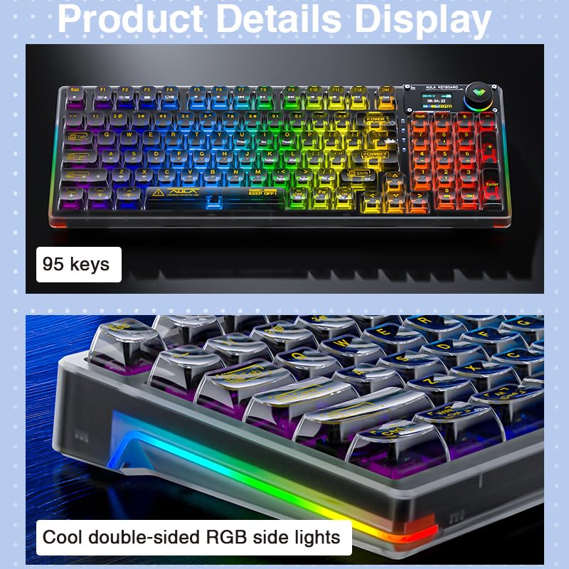 AULA F98 Pro Wireless Mechanical Keyboard - Hot-Swappable RGB Gaming Keyboard with Transparent Keycaps, Linear Switches, Gasket Mount & OLED Screen | Bluetooth 5.0/2.4G/USB-C for PC/Mac (Ideal for Gaming, Typing & Office Work)