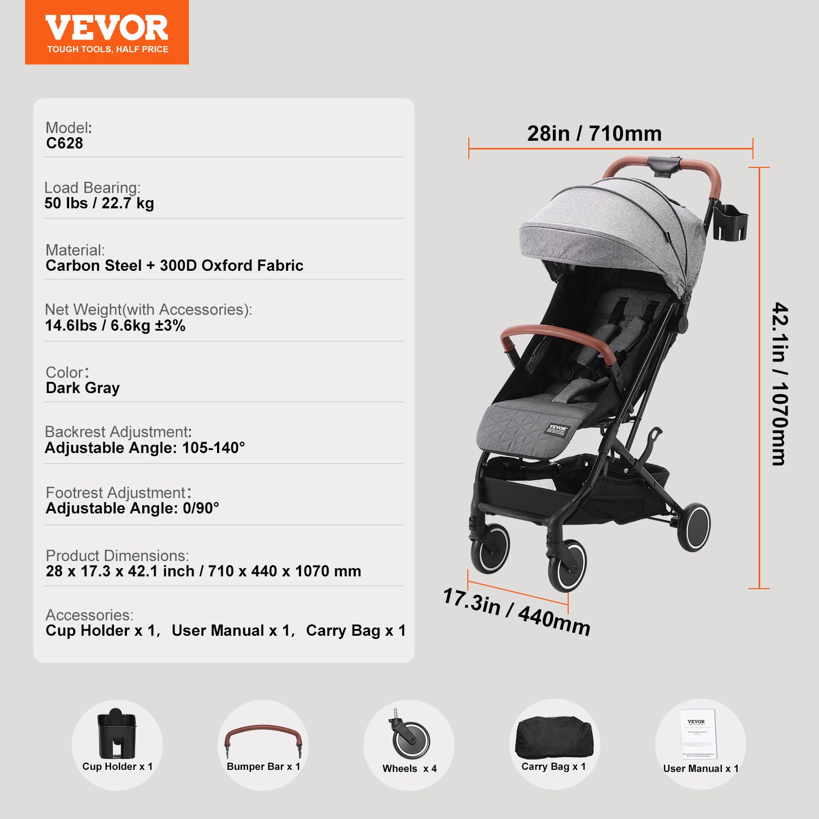 VEVOR Baby Stroller with Adjustable Backrest (95°-150°) & Footrest (0°/90°), One-Click Fold, Cup Holder & Carry Bag - Dark Grey - Perfect for Newborns to Toddlers, Ideal for Shopping, Travel & Daily Walks
