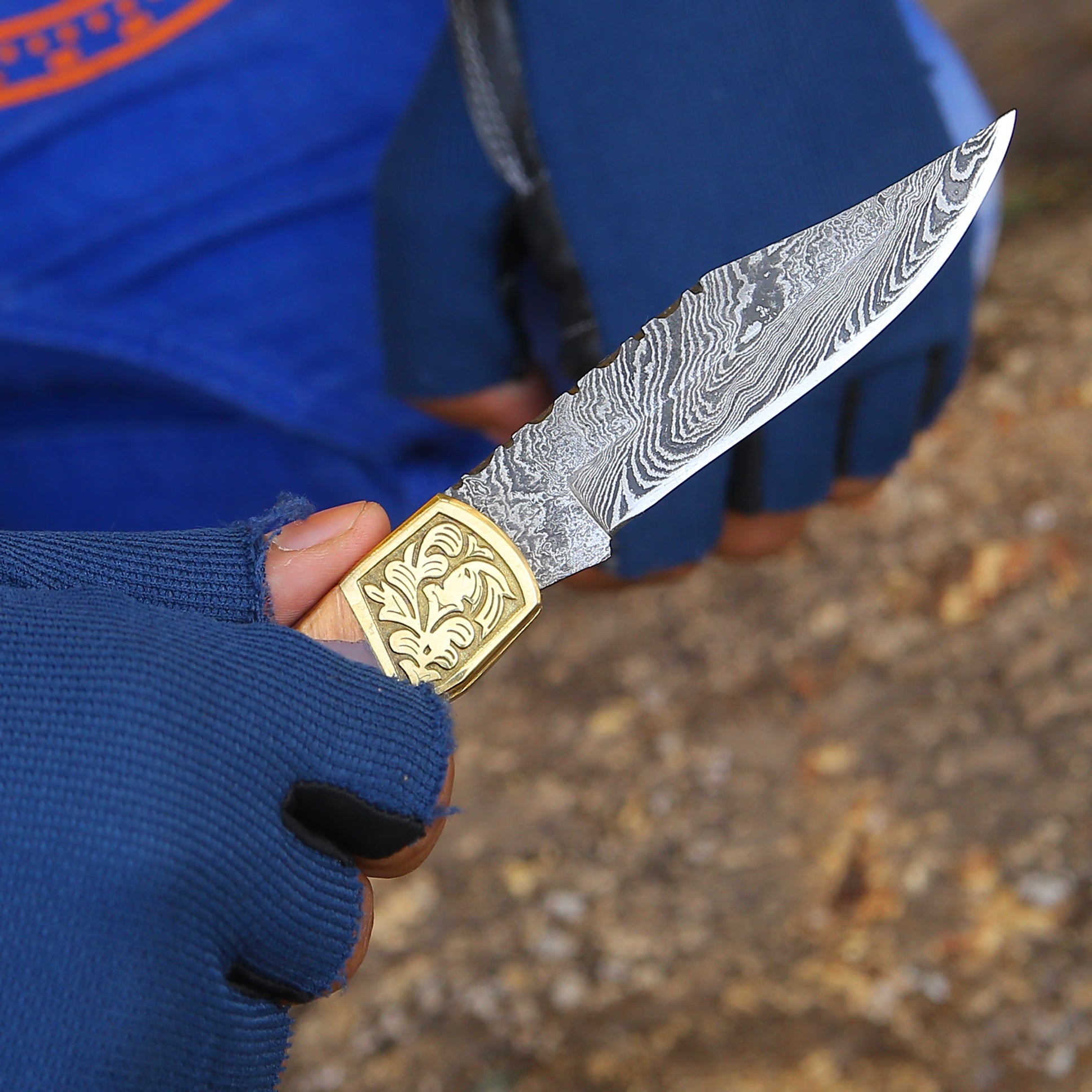 Handmade Damascus Steel Pocket Knife with Leather Sheath & Olive Wood Handle - Perfect for Camping, Hiking, EDC & Outdoor Adventures