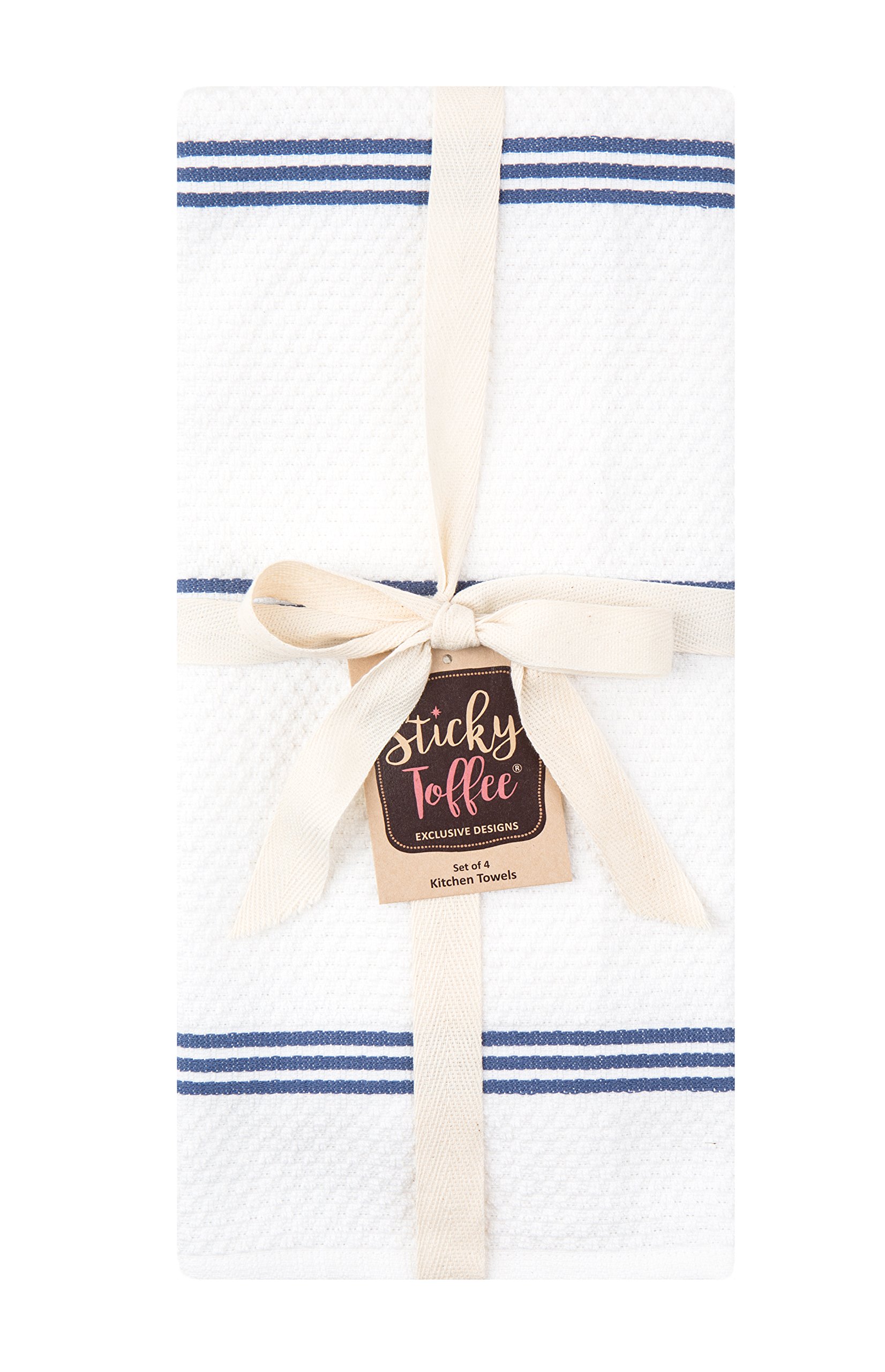 Premium 100% Cotton Kitchen Dish Towels Set of 4 - Dark Blue & White Absorbent Hand Tea Towels (28