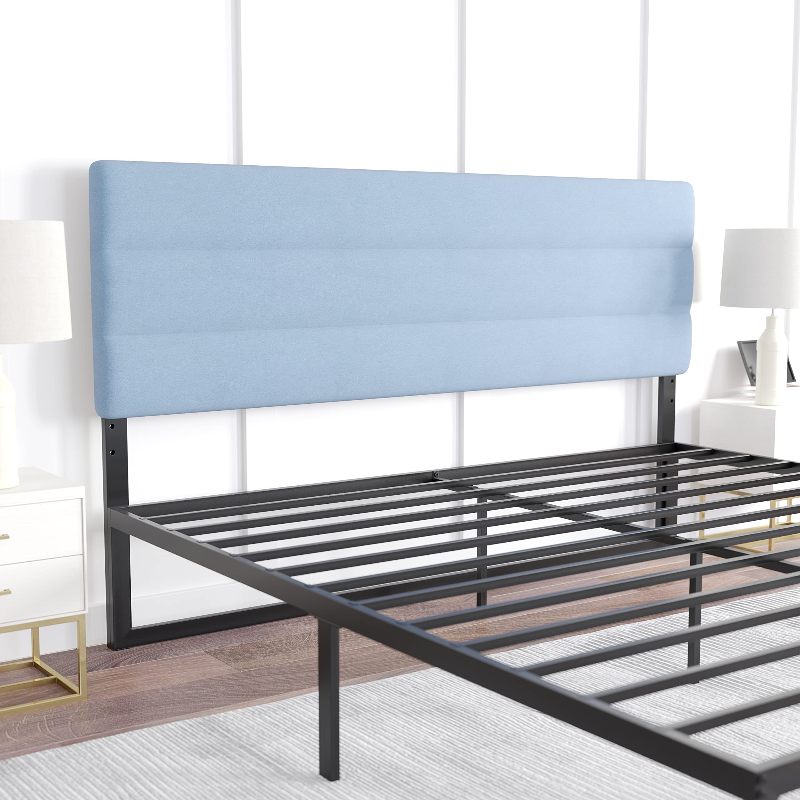 Emma & Oliver Gannon King Headboard - Blue Fabric Upholstered Adjustable Height Bed Headboard - Easy 30-Min Assembly - Fits Most Bed Frames (Not Included) - Perfect for Master Bedroom Decor & Guest Room Upgrade