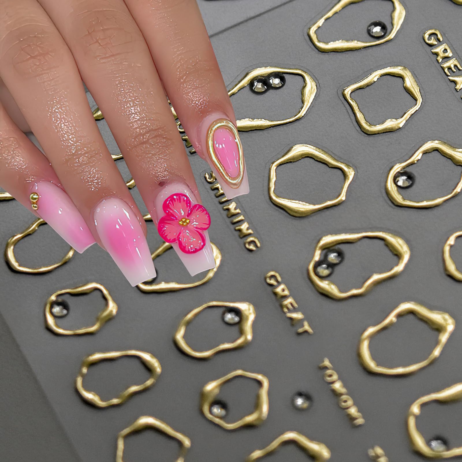 5D Embossed Gold Geometric Rhinestone Nail Stickers - Self-Adhesive Metallic Nail Art Decals for Women & Girls | Perfect for Manicure, Nail Decoration, Parties, Weddings & Special Occasions