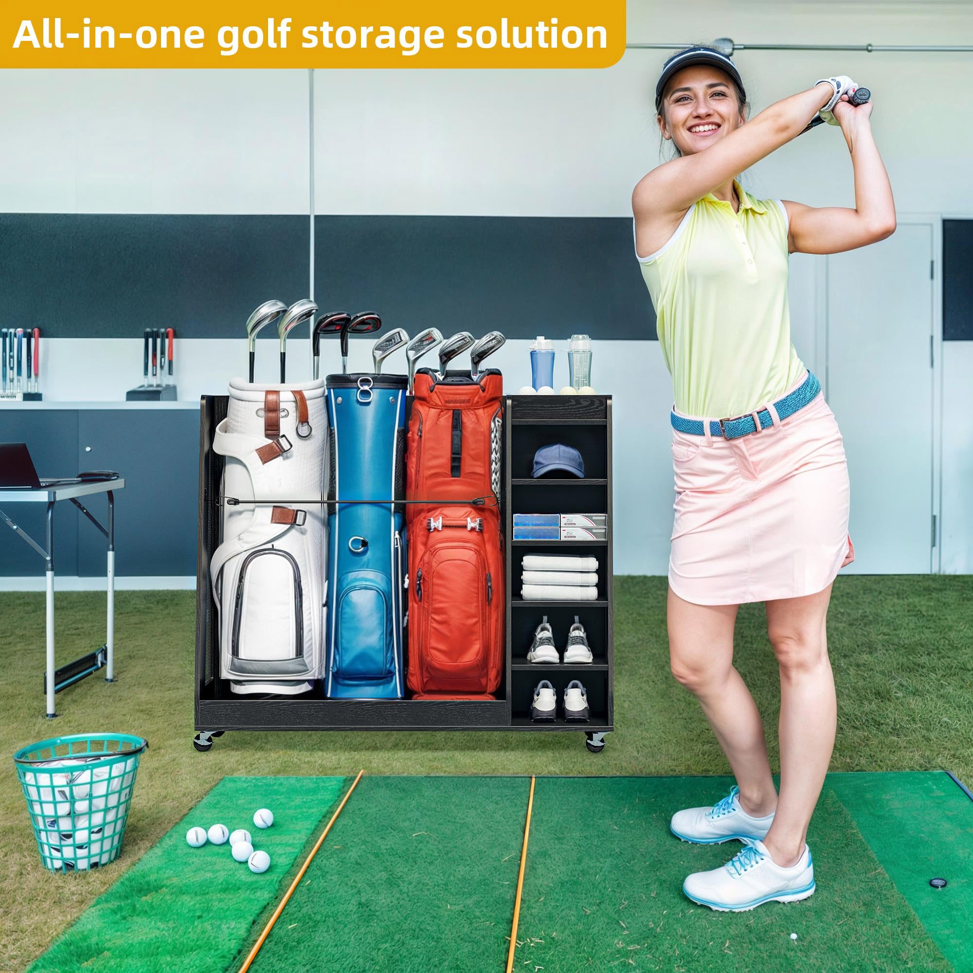 DWVO Wooden Golf Bag Stand Holder with Wheels - Garage Golf Storage Organizer for 2-3 Golf Bags, Clubs, Balls & Accessories | Space-Saving Golf Equipment Organizer for Home, Garage & Clubhouse Storage
