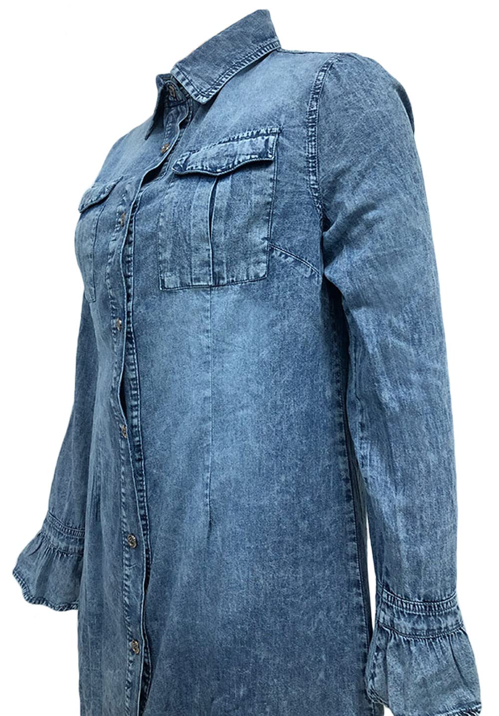CHARTOU Women's Distressed Denim Shirt Dress - Casual Button Down Tunic with Bell Sleeves | Perfect for Streetwear, Date Night & Summer Outfits